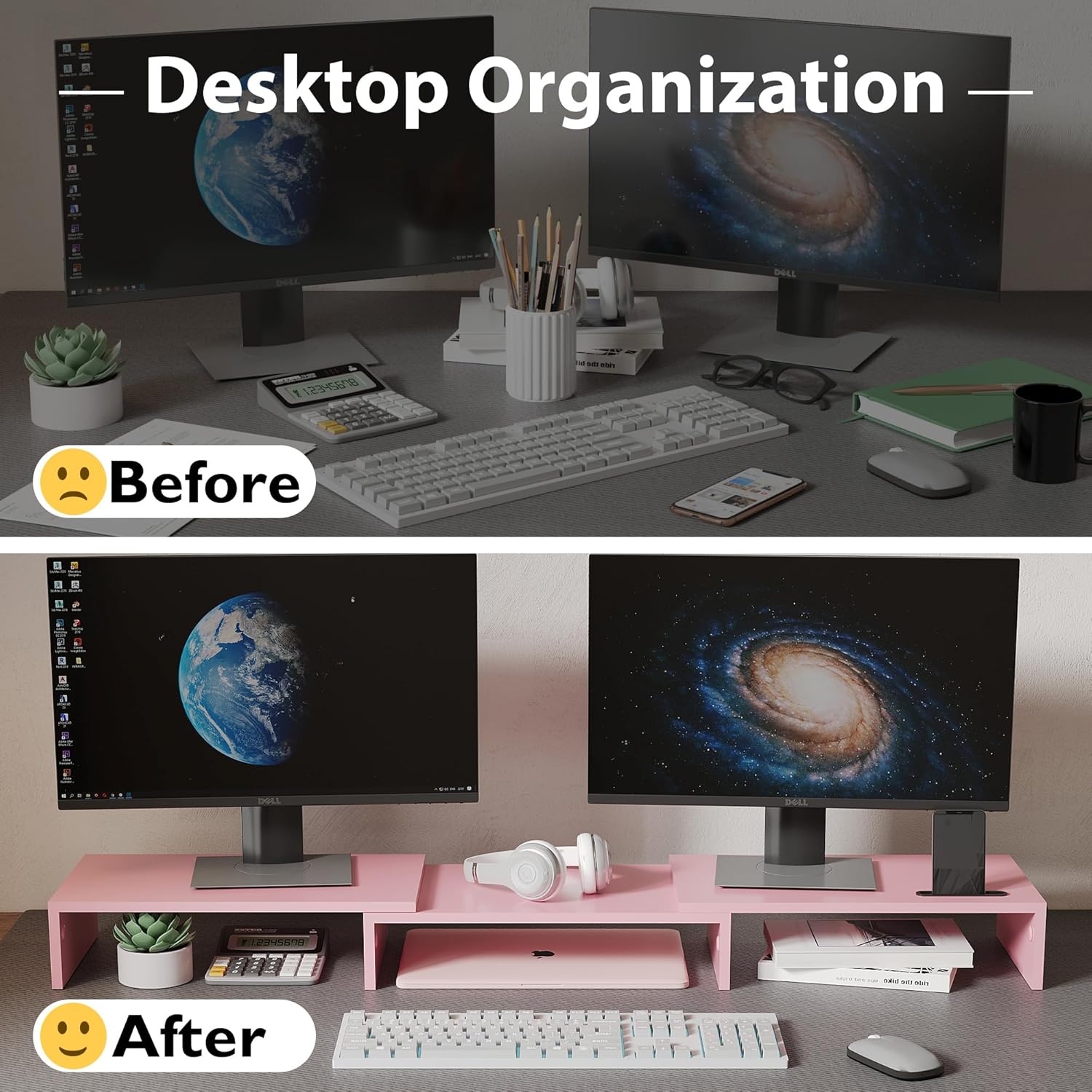 image:imageBONTEC Dual Monitor Stand Riser with Smartphone Holder Adjustable Length amp Swivel Angle Ergonomic Wooden Desktop Organizer for PC Monitor Laptop Printer Large Storage PinkPink