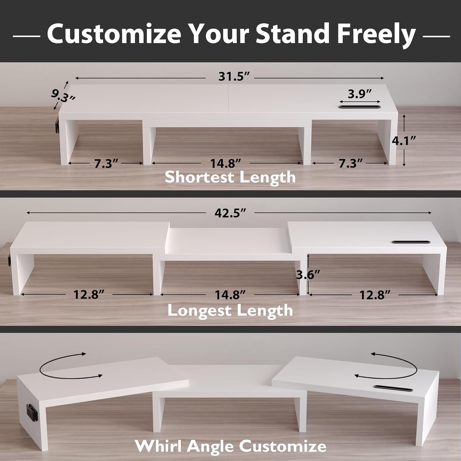 image:imageBONTEC Dual Monitor Stand Riser with Smartphone Holder Adjustable Length amp Swivel Angle Ergonomic Wooden Desktop Organizer for PC Monitor Laptop Printer Large Storage PinkWhite