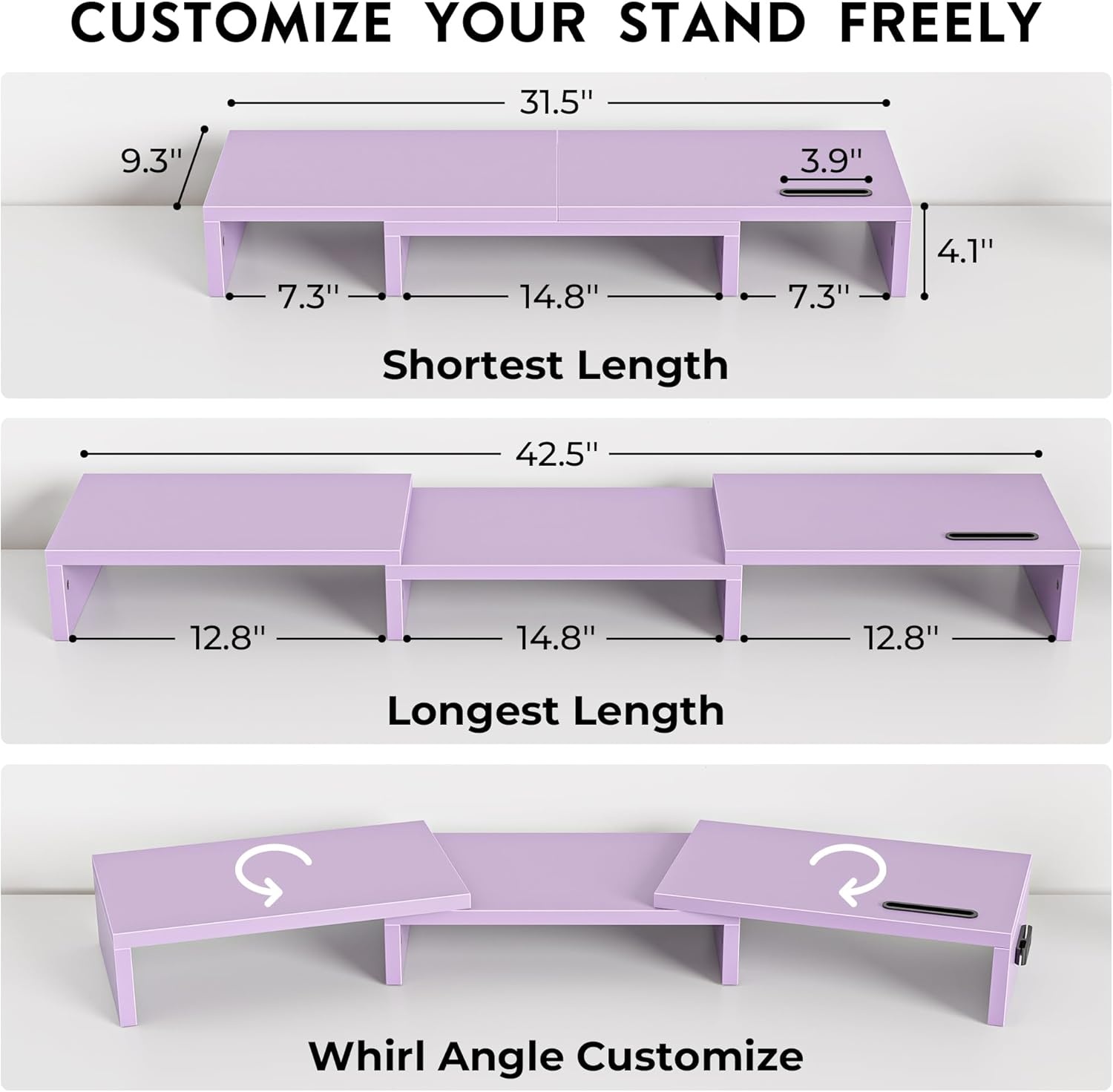 image:imageBONTEC Dual Monitor Stand Riser with Smartphone Holder Adjustable Length amp Swivel Angle Ergonomic Wooden Desktop Organizer for PC Monitor Laptop Printer Large Storage PinkPurple