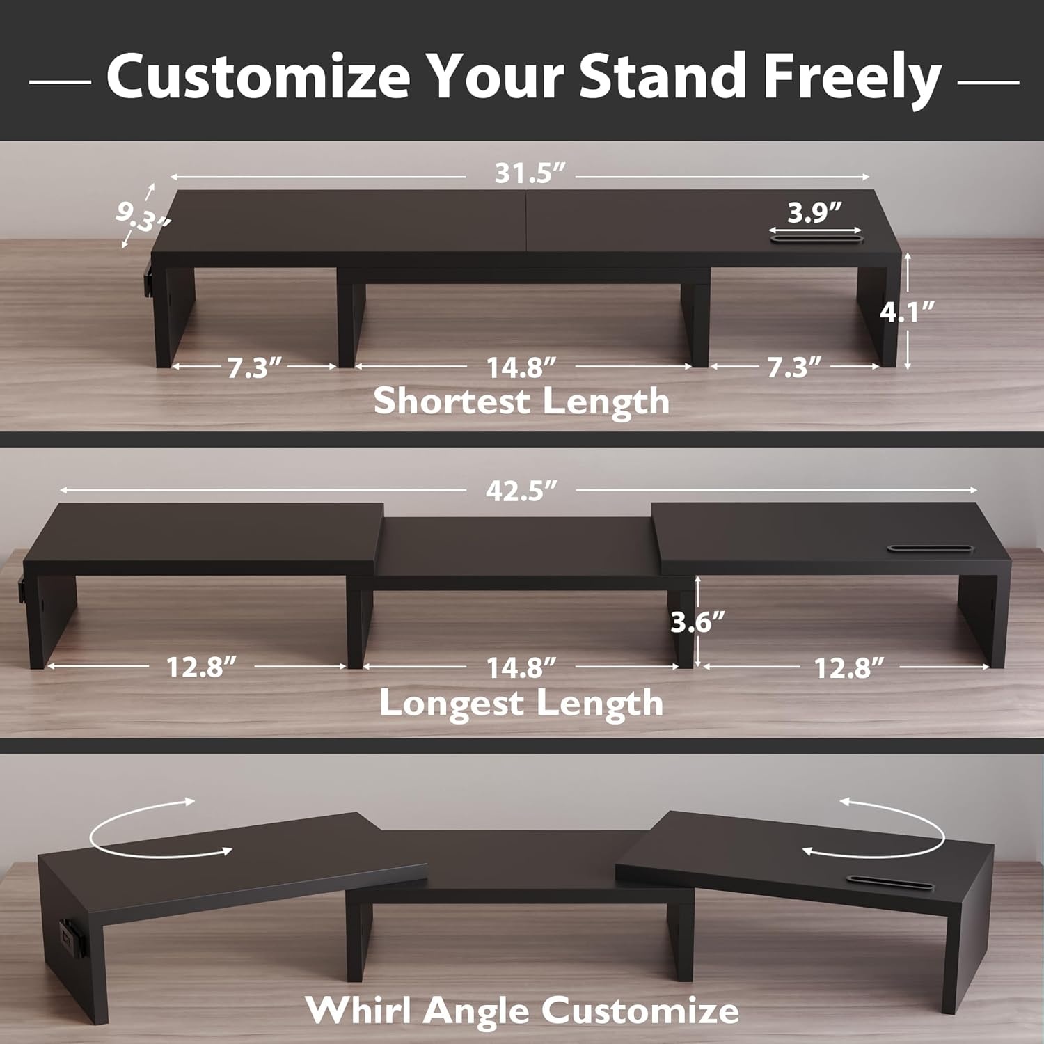 image:imageBONTEC Dual Monitor Stand Riser with Smartphone Holder Adjustable Length amp Swivel Angle Ergonomic Wooden Desktop Organizer for PC Monitor Laptop Printer Large Storage PinkBlack