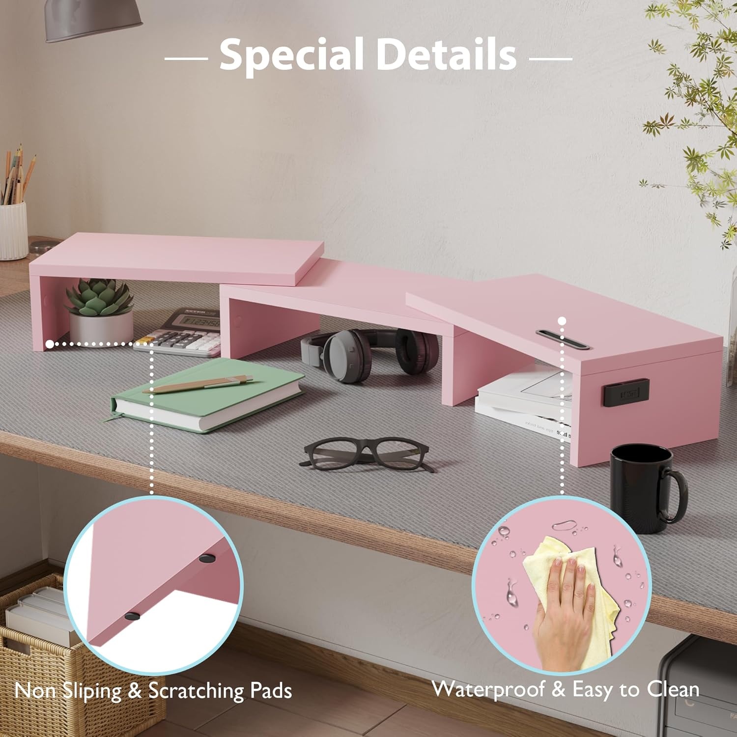 image:imageBONTEC Dual Monitor Stand Riser with Smartphone Holder Adjustable Length amp Swivel Angle Ergonomic Wooden Desktop Organizer for PC Monitor Laptop Printer Large Storage PinkPink