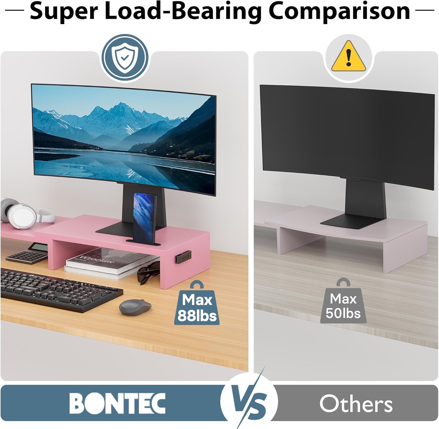 image:imageBONTEC Dual Monitor Stand Riser with Smartphone Holder Adjustable Length amp Swivel Angle Ergonomic Wooden Desktop Organizer for PC Monitor Laptop Printer Large Storage PinkPink