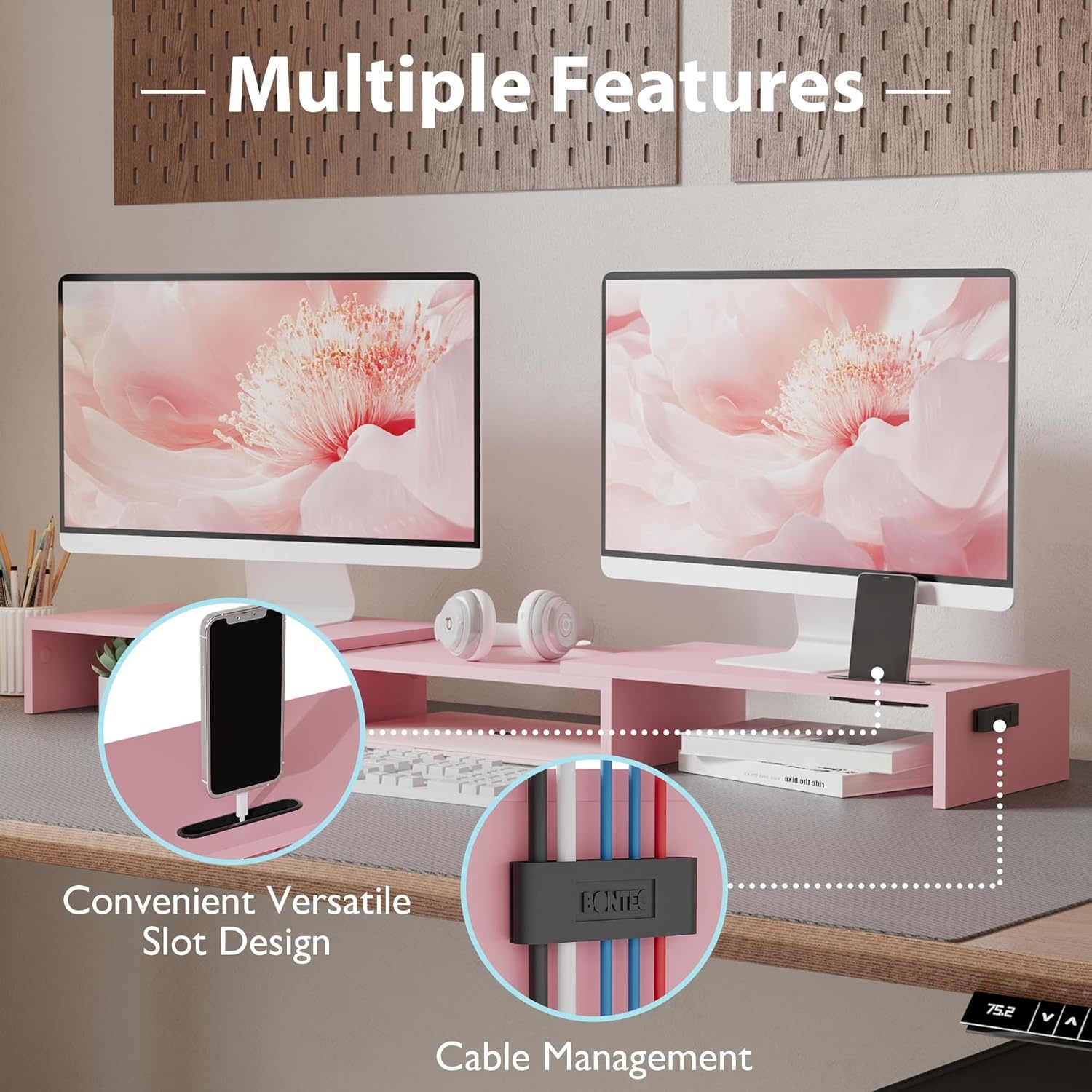 image:imageBONTEC Dual Monitor Stand Riser with Smartphone Holder Adjustable Length amp Swivel Angle Ergonomic Wooden Desktop Organizer for PC Monitor Laptop Printer Large Storage PinkPink