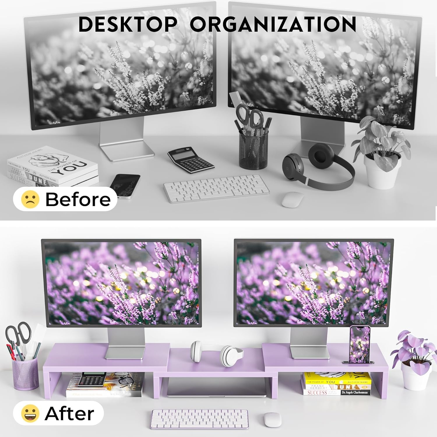 image:imageBONTEC Dual Monitor Stand Riser with Smartphone Holder Adjustable Length amp Swivel Angle Ergonomic Wooden Desktop Organizer for PC Monitor Laptop Printer Large Storage PinkPurple