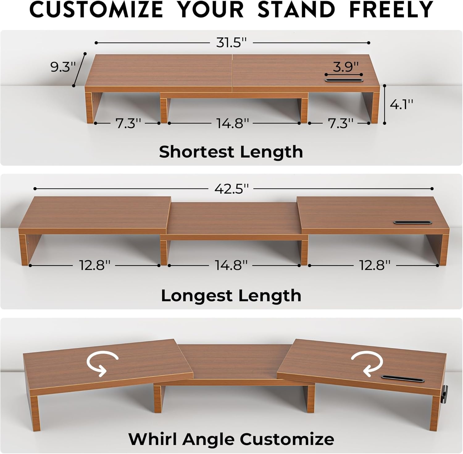 image:imageBONTEC Dual Monitor Stand Riser with Smartphone Holder Adjustable Length amp Swivel Angle Ergonomic Wooden Desktop Organizer for PC Monitor Laptop Printer Large Storage PinkWalnut
