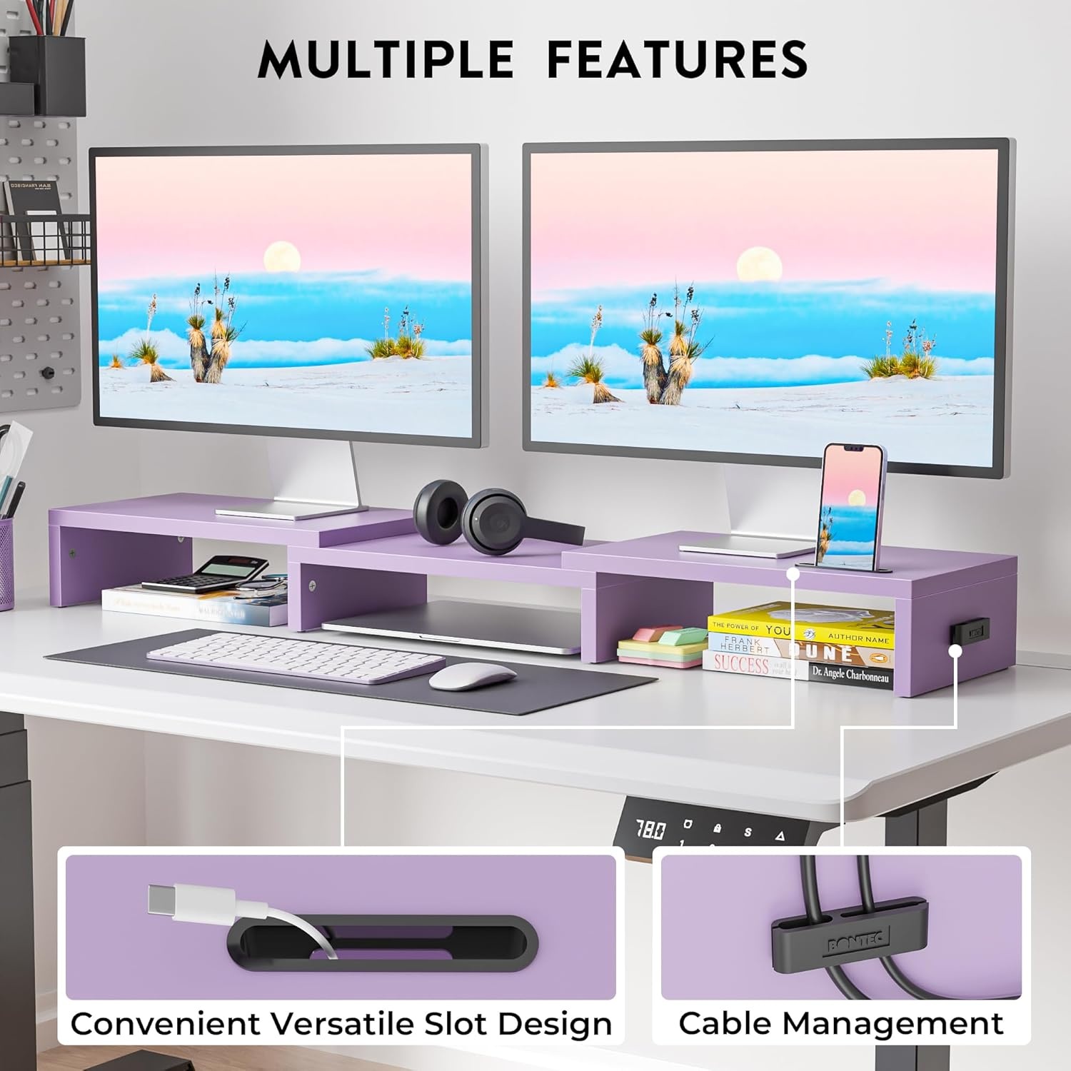 image:imageBONTEC Dual Monitor Stand Riser with Smartphone Holder Adjustable Length amp Swivel Angle Ergonomic Wooden Desktop Organizer for PC Monitor Laptop Printer Large Storage PinkPurple