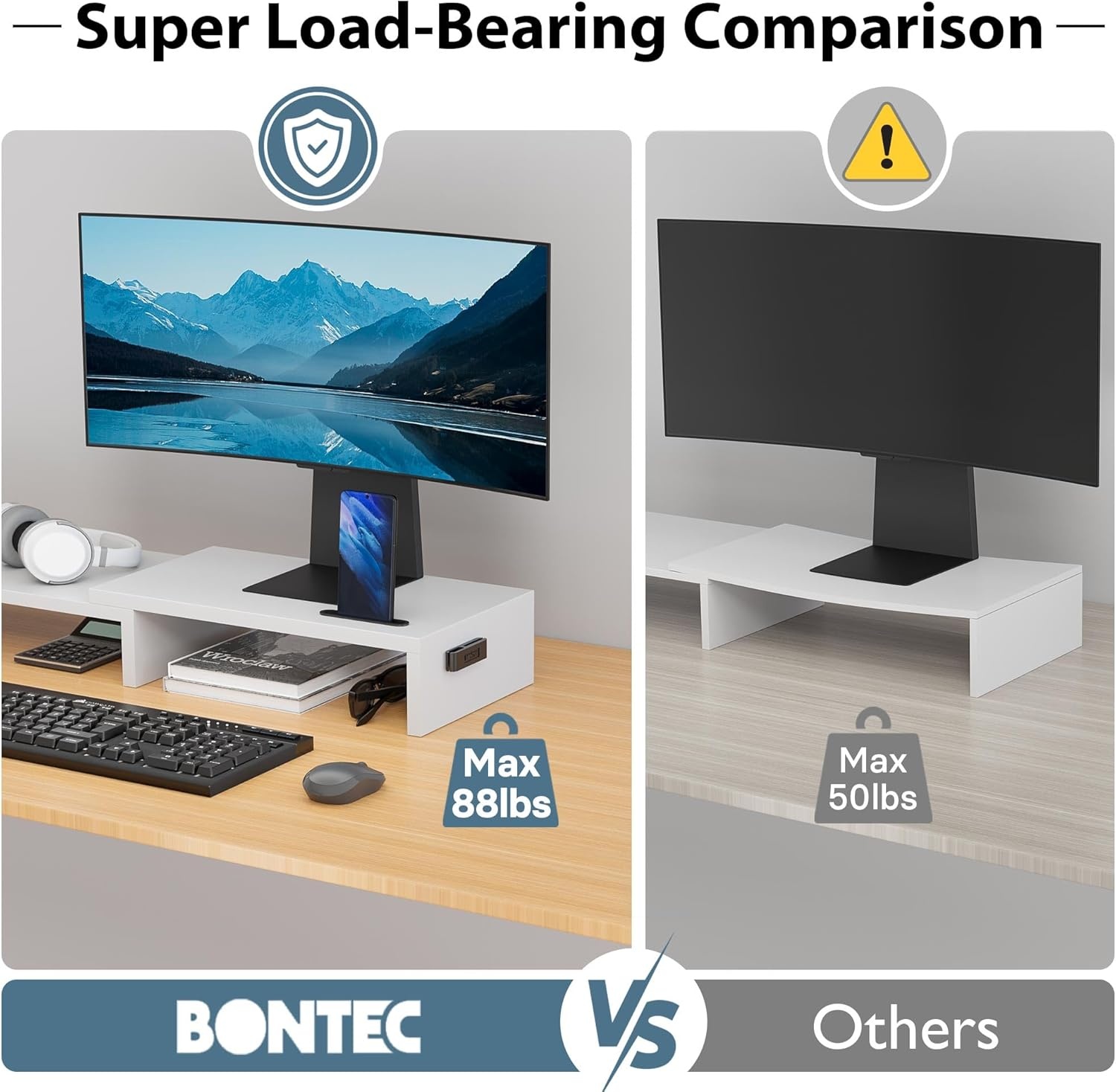 image:imageBONTEC Dual Monitor Stand Riser with Smartphone Holder Adjustable Length amp Swivel Angle Ergonomic Wooden Desktop Organizer for PC Monitor Laptop Printer Large Storage PinkWhite