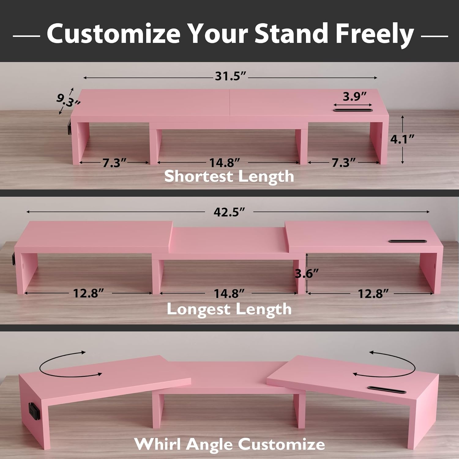 image:imageBONTEC Dual Monitor Stand Riser with Smartphone Holder Adjustable Length amp Swivel Angle Ergonomic Wooden Desktop Organizer for PC Monitor Laptop Printer Large Storage PinkPink