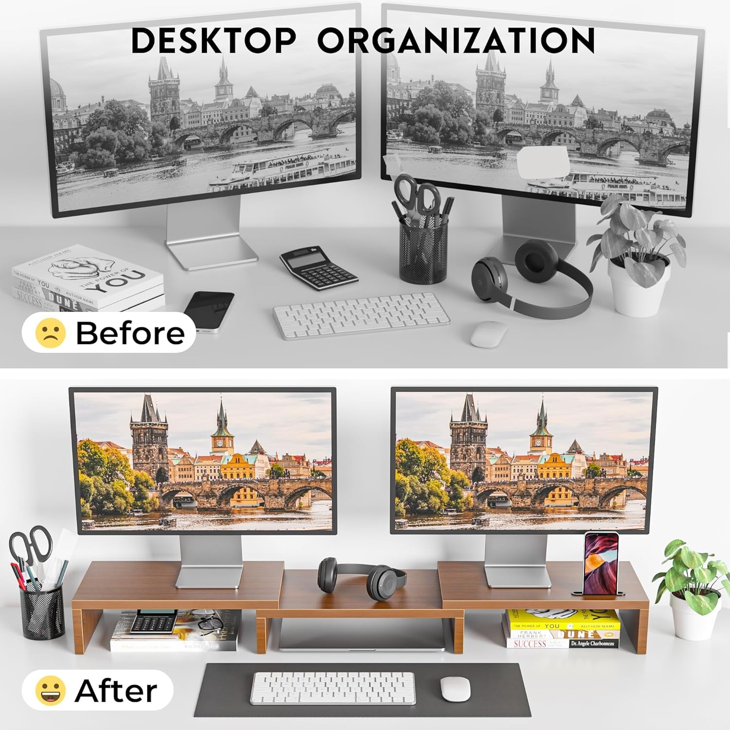 image:imageBONTEC Dual Monitor Stand Riser with Smartphone Holder Adjustable Length amp Swivel Angle Ergonomic Wooden Desktop Organizer for PC Monitor Laptop Printer Large Storage PinkWalnut