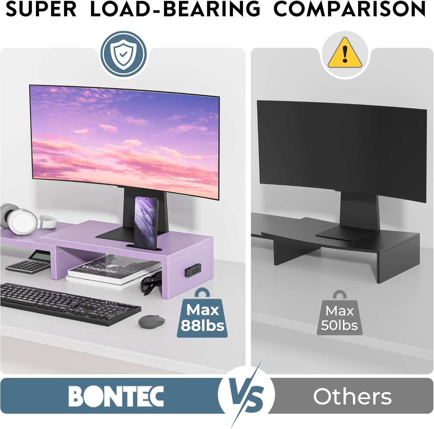 image:imageBONTEC Dual Monitor Stand Riser with Smartphone Holder Adjustable Length amp Swivel Angle Ergonomic Wooden Desktop Organizer for PC Monitor Laptop Printer Large Storage PinkPurple