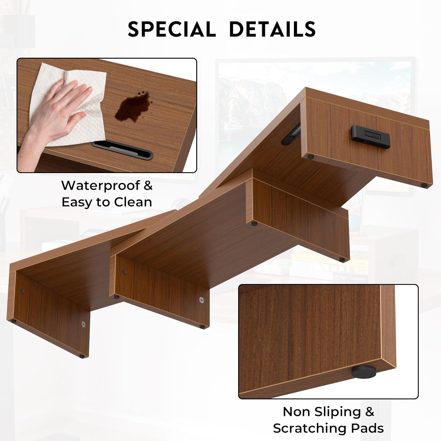 image:imageBONTEC Dual Monitor Stand Riser with Smartphone Holder Adjustable Length amp Swivel Angle Ergonomic Wooden Desktop Organizer for PC Monitor Laptop Printer Large Storage PinkWalnut