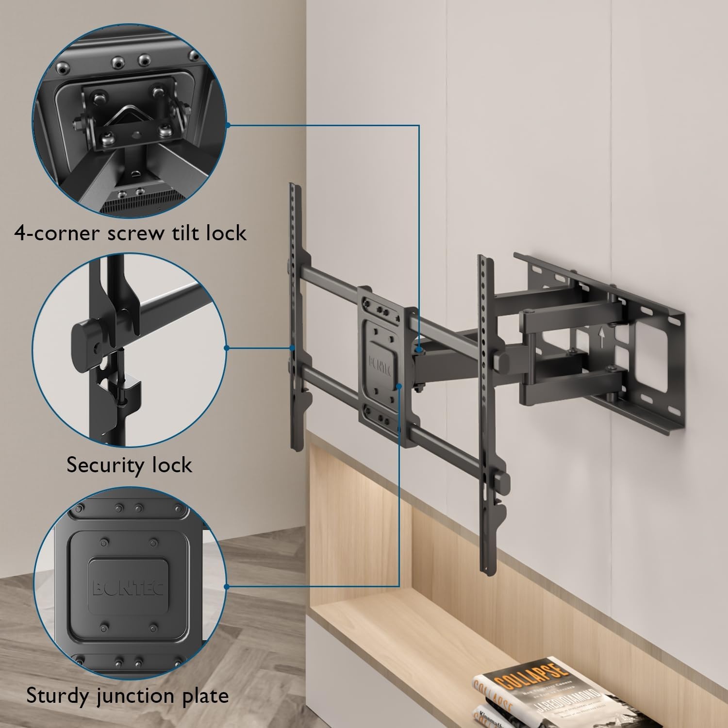 image:imageBONTEC Full Motion TV Wall Mount for 3785 Inch TVs Hold up to 132lbs Max VESA 600x400mm Swivel Tilt Dual Arms Adjustable Viewing Angle Fits 16 Wood Studs Easy Assembly3785 Inch