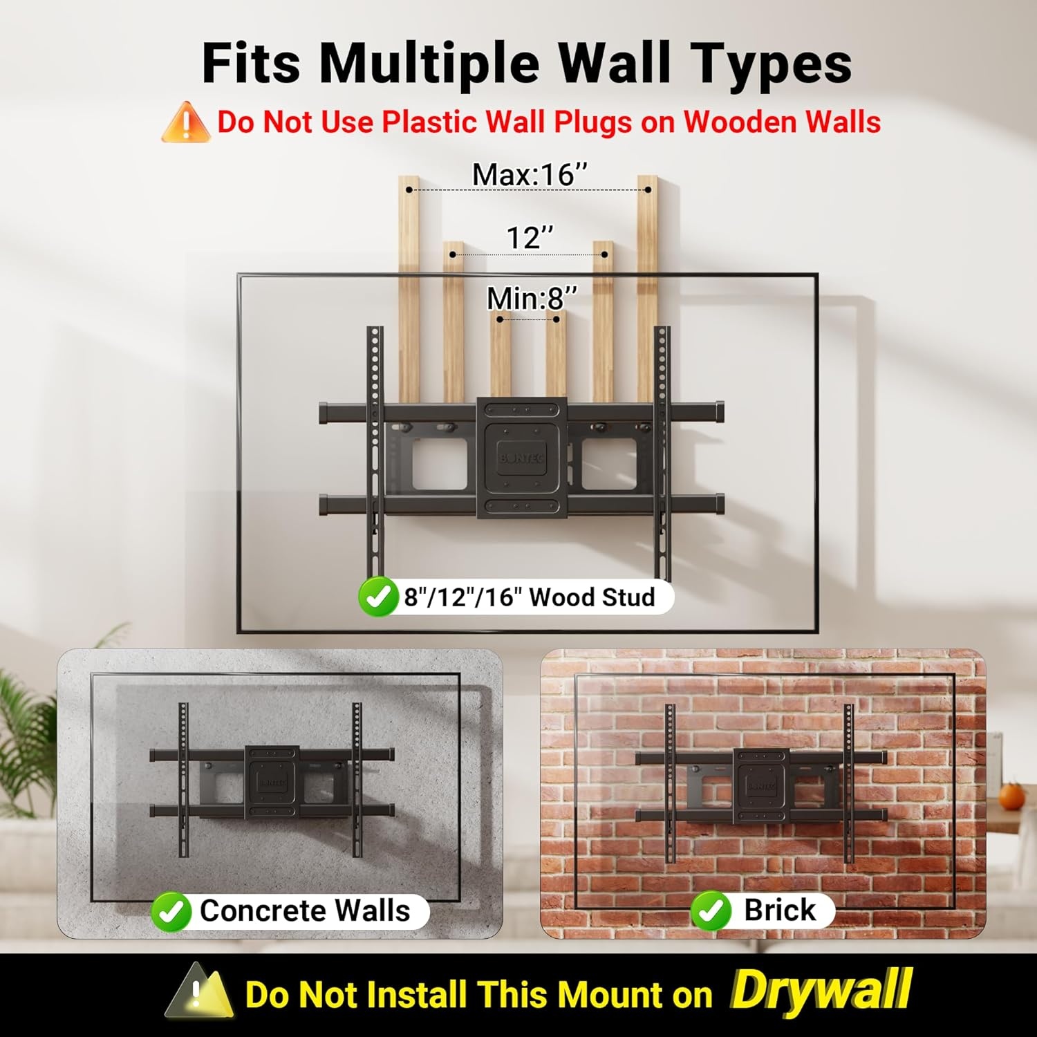 image:imageBONTEC Full Motion TV Wall Mount for 3785 Inch TVs Hold up to 132lbs Max VESA 600x400mm Swivel Tilt Dual Arms Adjustable Viewing Angle Fits 16 Wood Studs Easy Assembly3785 Inch
