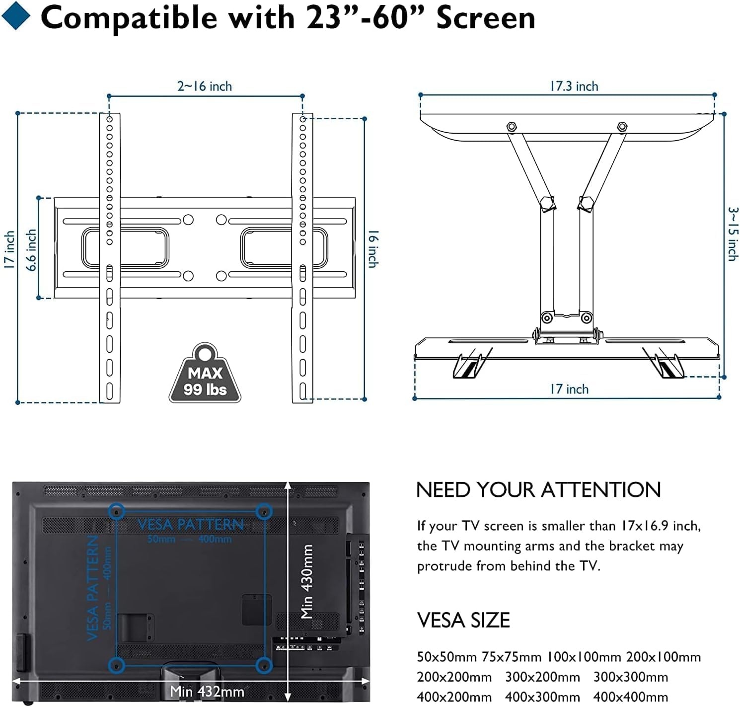 image:imageBONTEC Full Motion TV Wall Mount for 3785 Inch TVs Hold up to 132lbs Max VESA 600x400mm Swivel Tilt Dual Arms Adjustable Viewing Angle Fits 16 Wood Studs Easy Assembly2370 Inch