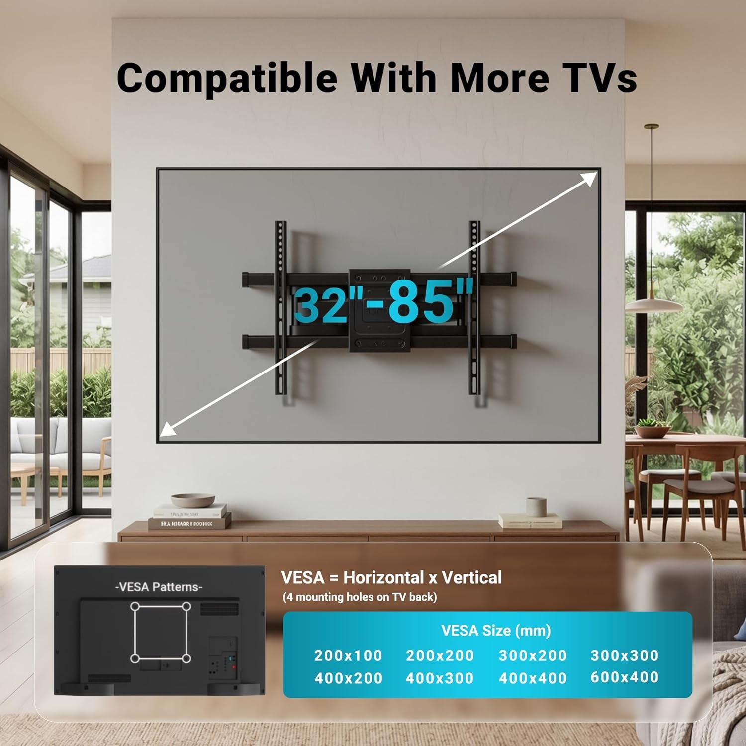 image:imageBONTEC Full Motion TV Wall Mount for 3785 Inch TVs Hold up to 132lbs Max VESA 600x400mm Swivel Tilt Dual Arms Adjustable Viewing Angle Fits 16 Wood Studs Easy Assembly3785 Inch