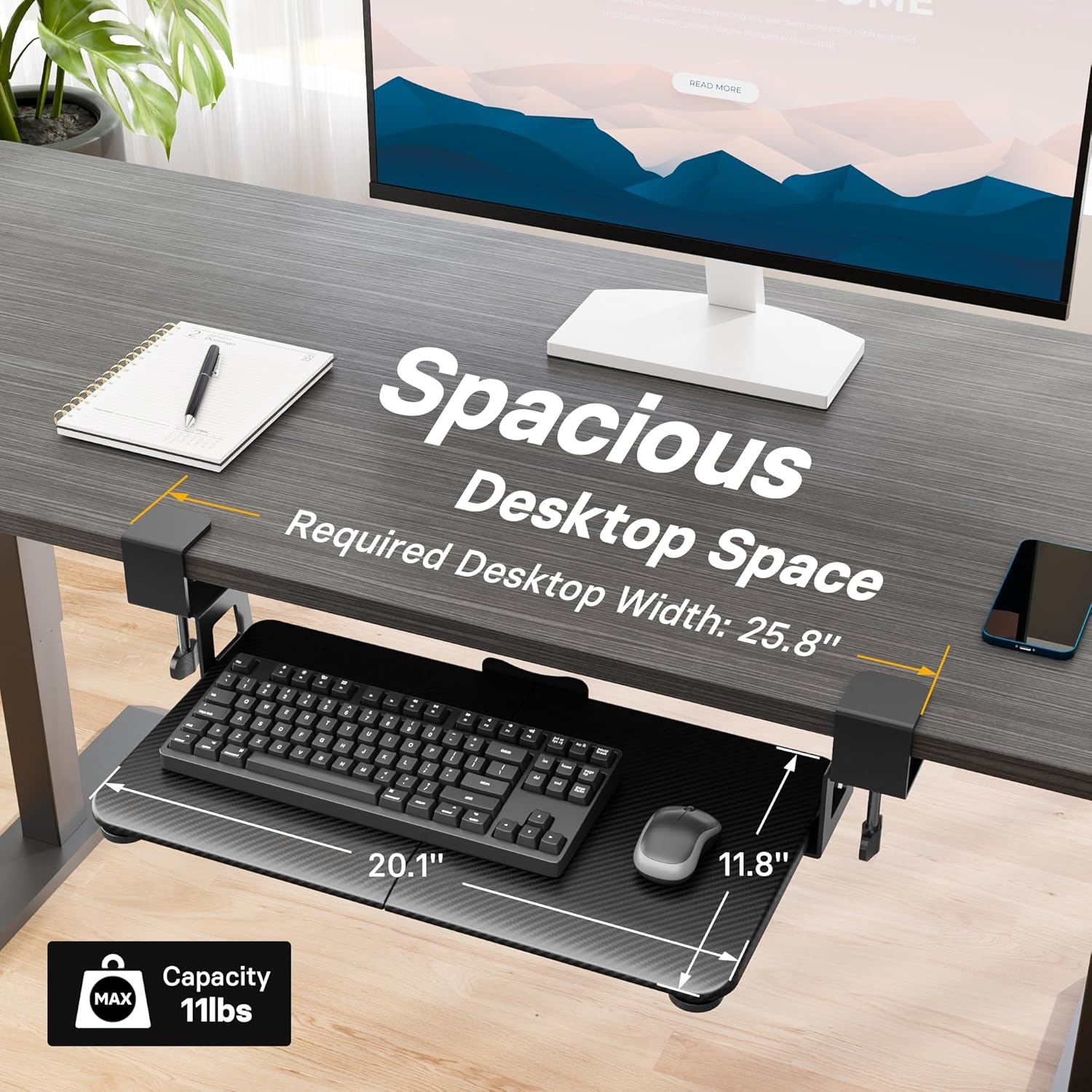 image:imageBONTEC KMT01 Under Desk Keyboard Tray PullOut Keyboard amp Mouse Platform with CClamp 256 x 118 in SpaceSaving Ergonomic SlideOut Drawer BlackBlack Carbon Fiber