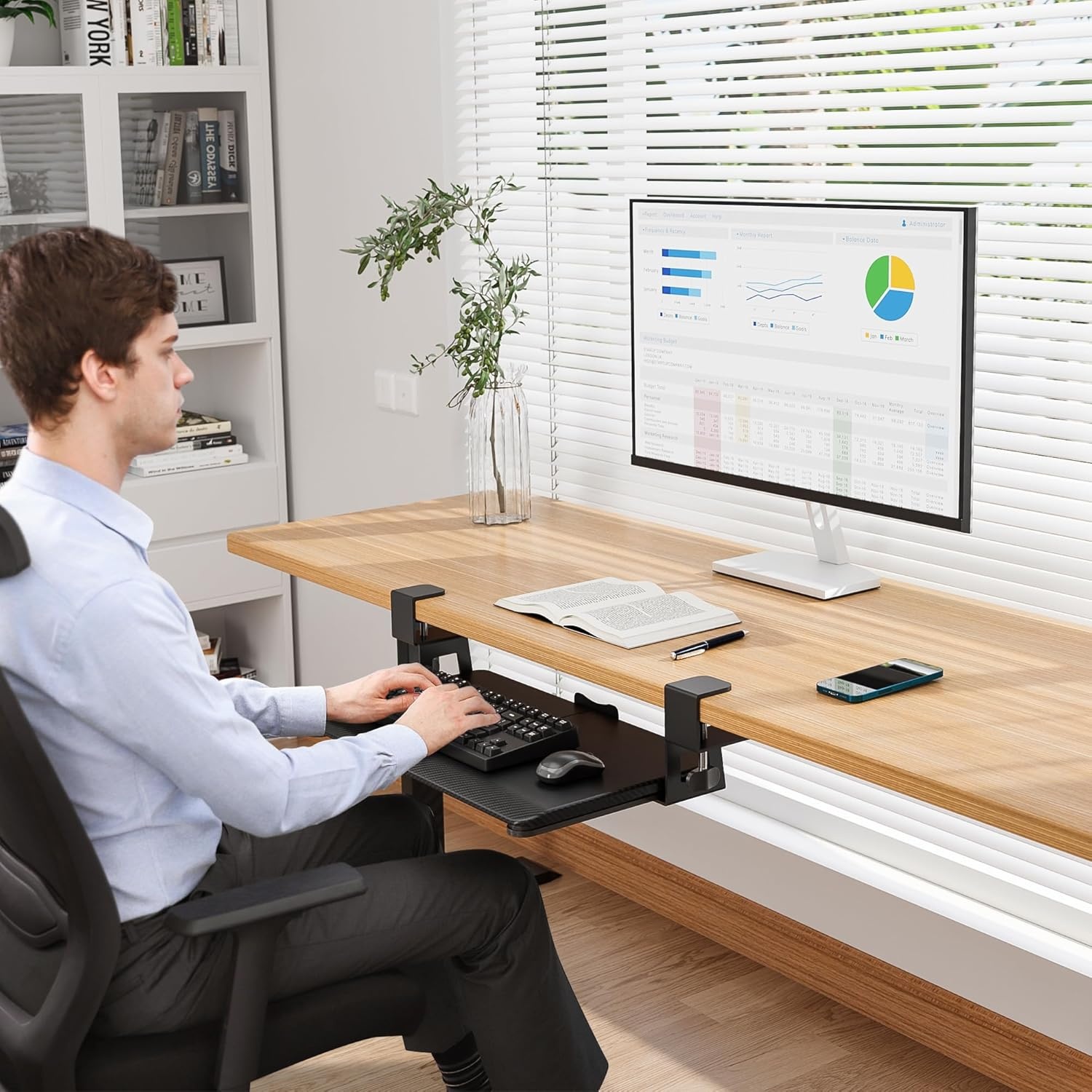 image:imageBONTEC KMT01PJ Under Desk Keyboard Tray PullOut Keyboard amp Mouse Platform with CClamp 20 x 118 in SpaceSaving Ergonomic SlideOut Drawer BlackBlack Carbon Fiber
