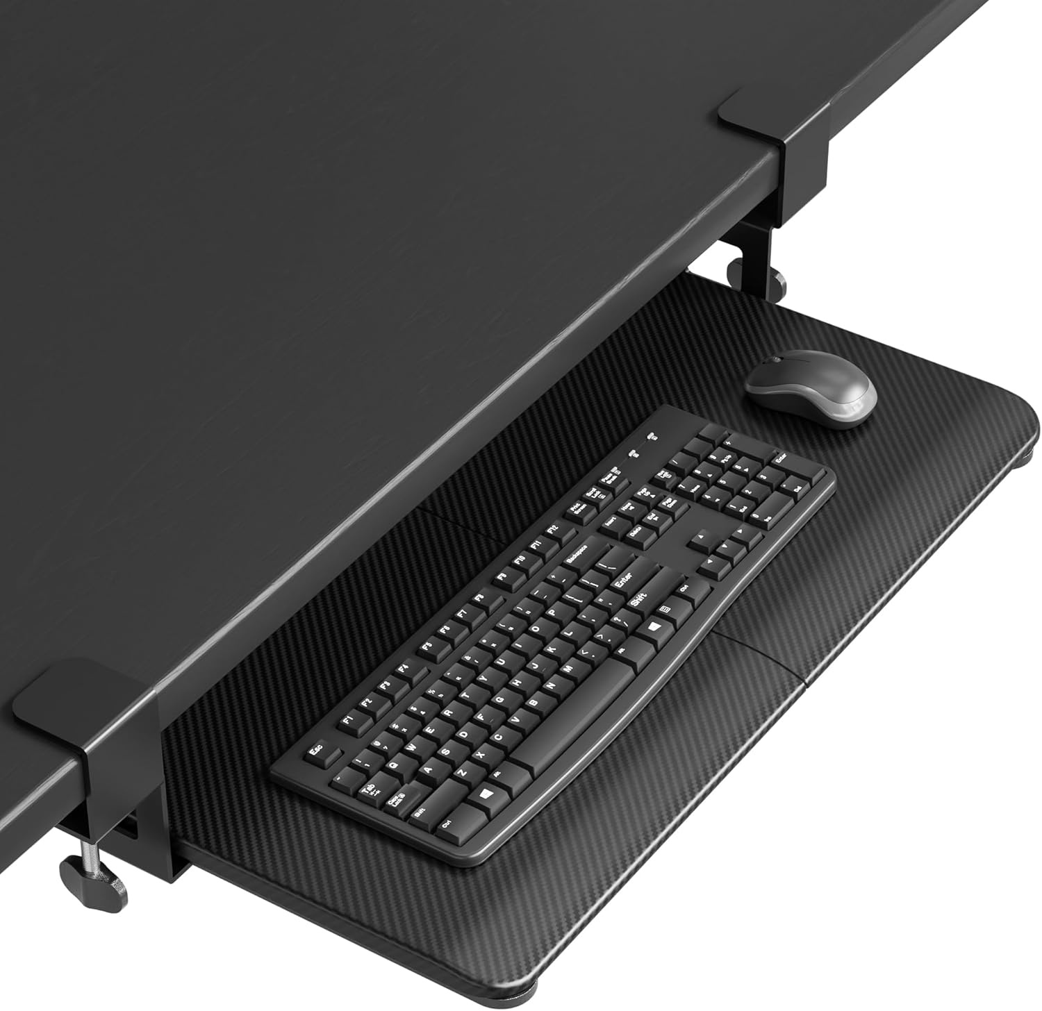 image:imageBONTEC KMT01PJ Under Desk Keyboard Tray PullOut Keyboard amp Mouse Platform with CClamp 20 x 118 in SpaceSaving Ergonomic SlideOut Drawer BlackBlack Carbon Fiber