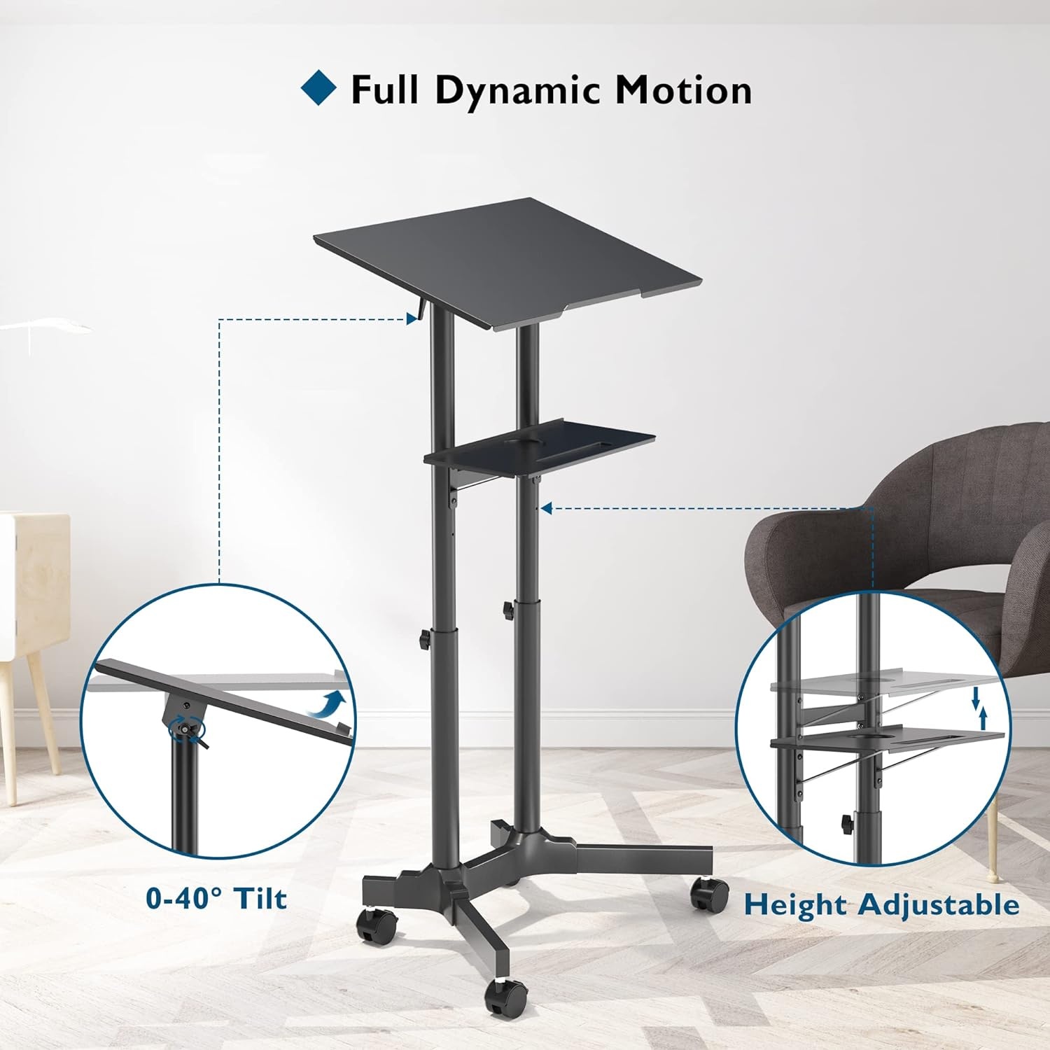 image:imageBONTEC Lecterns amp Podiums Portable Mobile Standing Laptop Desk Height Adjustable Sit Stand Home Office Classroom Pulpit Stand Up Desk Workstation Rolling Table Laptop Cart with Storage Tray WhiteBlack