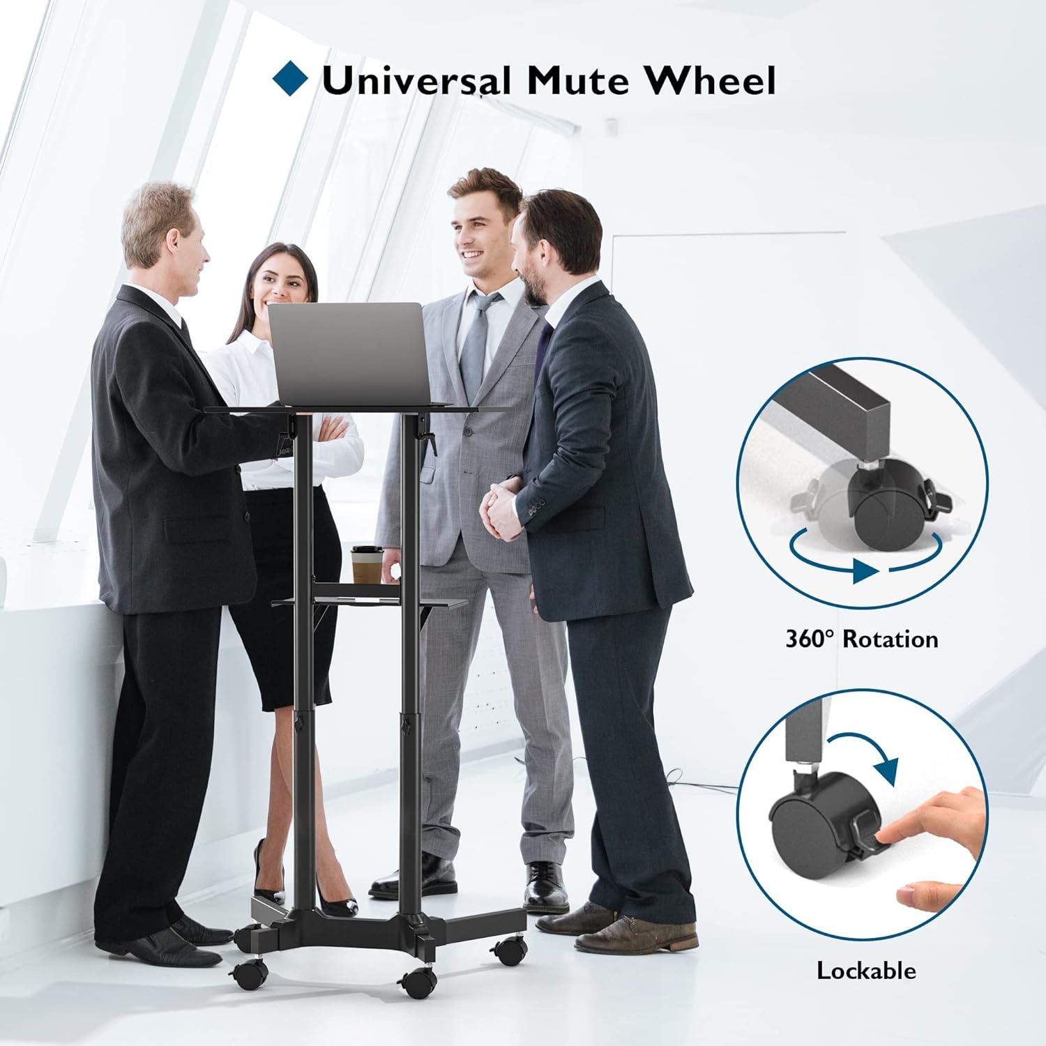 image:imageBONTEC Lecterns amp Podiums Portable Mobile Standing Laptop Desk Height Adjustable Sit Stand Home Office Classroom Pulpit Stand Up Desk Workstation Rolling Table Laptop Cart with Storage Tray WhiteBlack