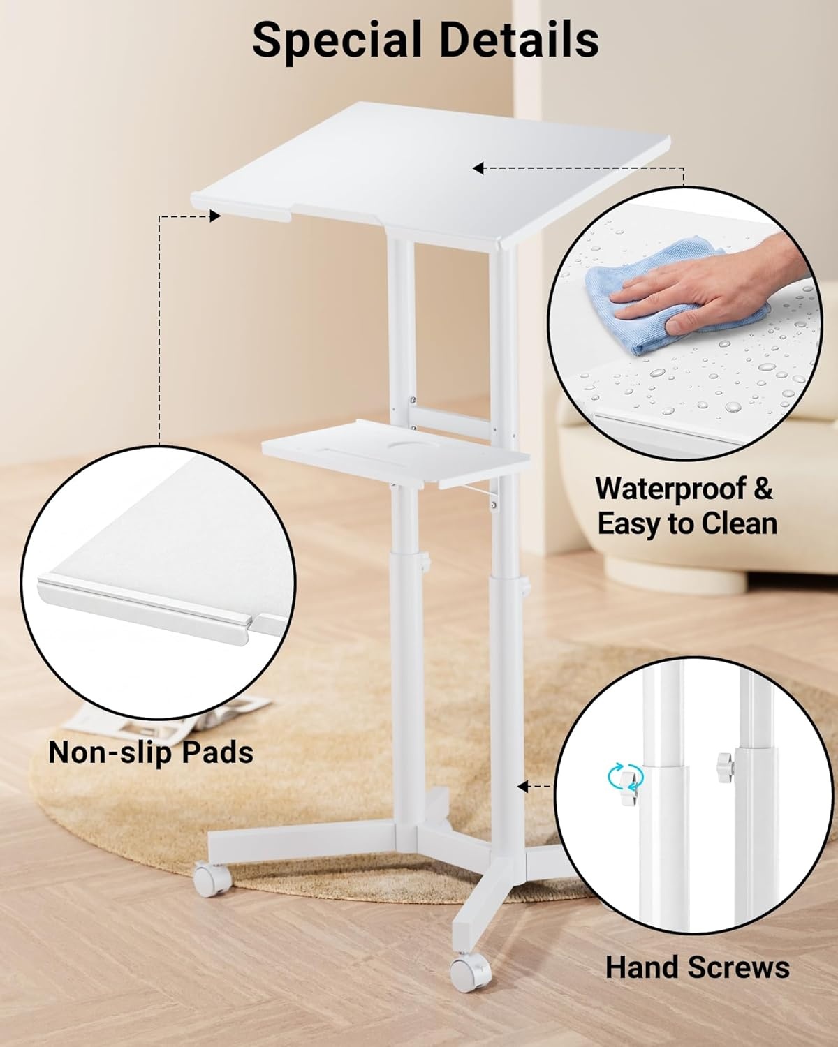 image:imageBONTEC Lecterns amp Podiums Portable Mobile Standing Laptop Desk Height Adjustable Sit Stand Home Office Classroom Pulpit Stand Up Desk Workstation Rolling Table Laptop Cart with Storage Tray WhiteWhite