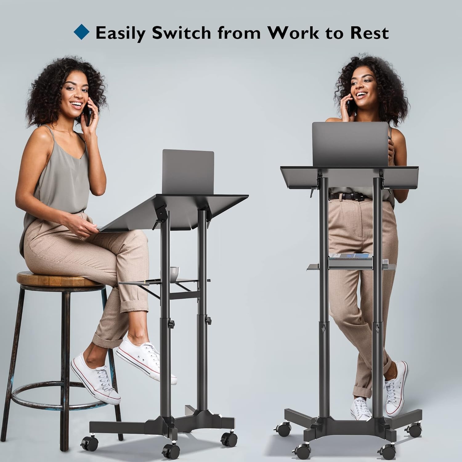 image:imageBONTEC Lecterns amp Podiums Portable Mobile Standing Laptop Desk Height Adjustable Sit Stand Home Office Classroom Pulpit Stand Up Desk Workstation Rolling Table Laptop Cart with Storage Tray WhiteBlack