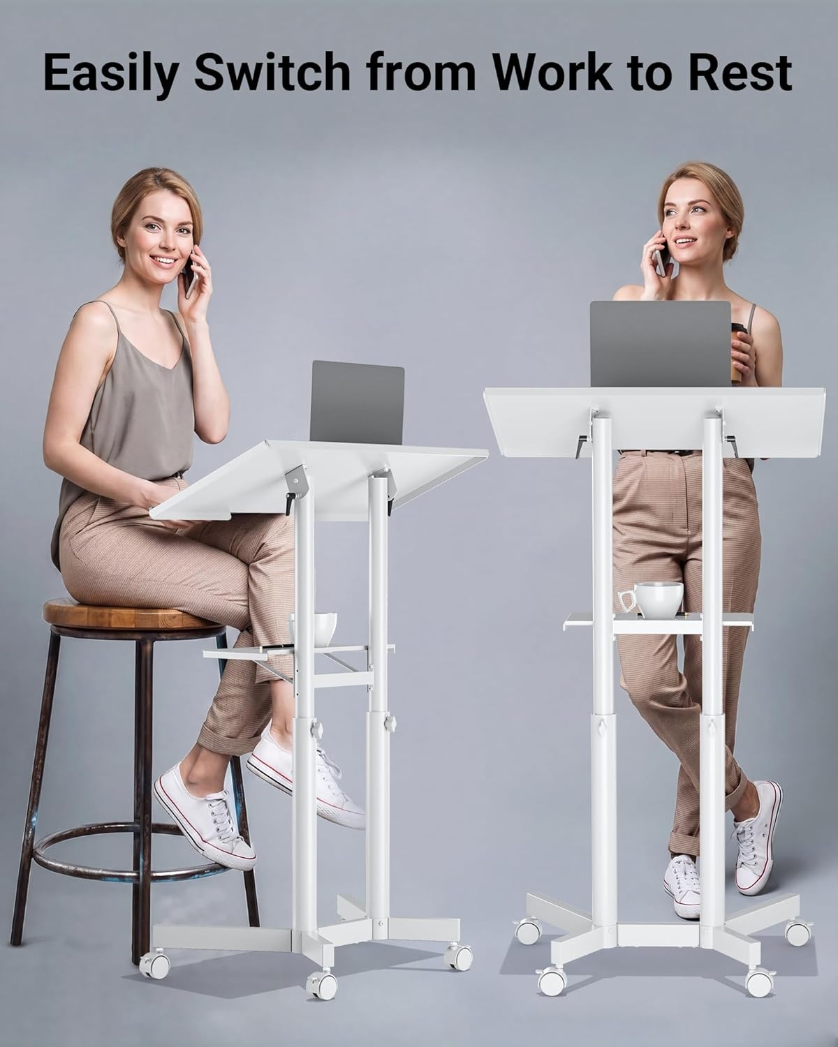 image:imageBONTEC Lecterns amp Podiums Portable Mobile Standing Laptop Desk Height Adjustable Sit Stand Home Office Classroom Pulpit Stand Up Desk Workstation Rolling Table Laptop Cart with Storage Tray WhiteWhite