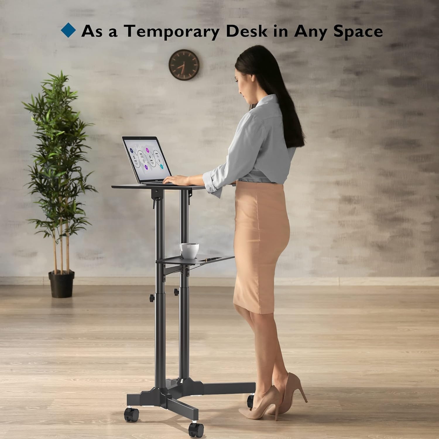 image:imageBONTEC Lecterns amp Podiums Portable Mobile Standing Laptop Desk Height Adjustable Sit Stand Home Office Classroom Pulpit Stand Up Desk Workstation Rolling Table Laptop Cart with Storage Tray WhiteBlack