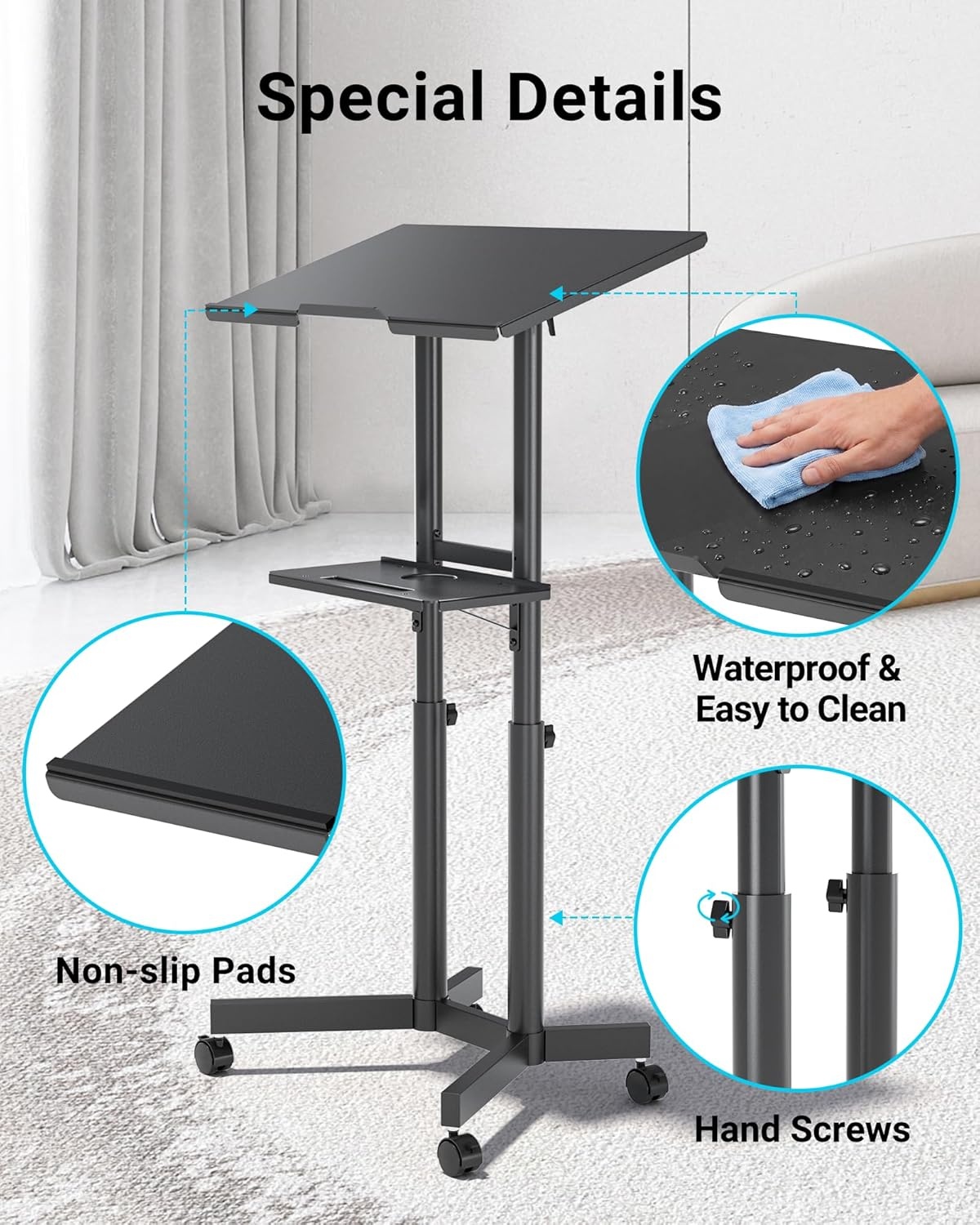 image:imageBONTEC Lecterns amp Podiums Portable Mobile Standing Laptop Desk Height Adjustable Sit Stand Home Office Classroom Pulpit Stand Up Desk Workstation Rolling Table Laptop Cart with Storage Tray WhiteBlack