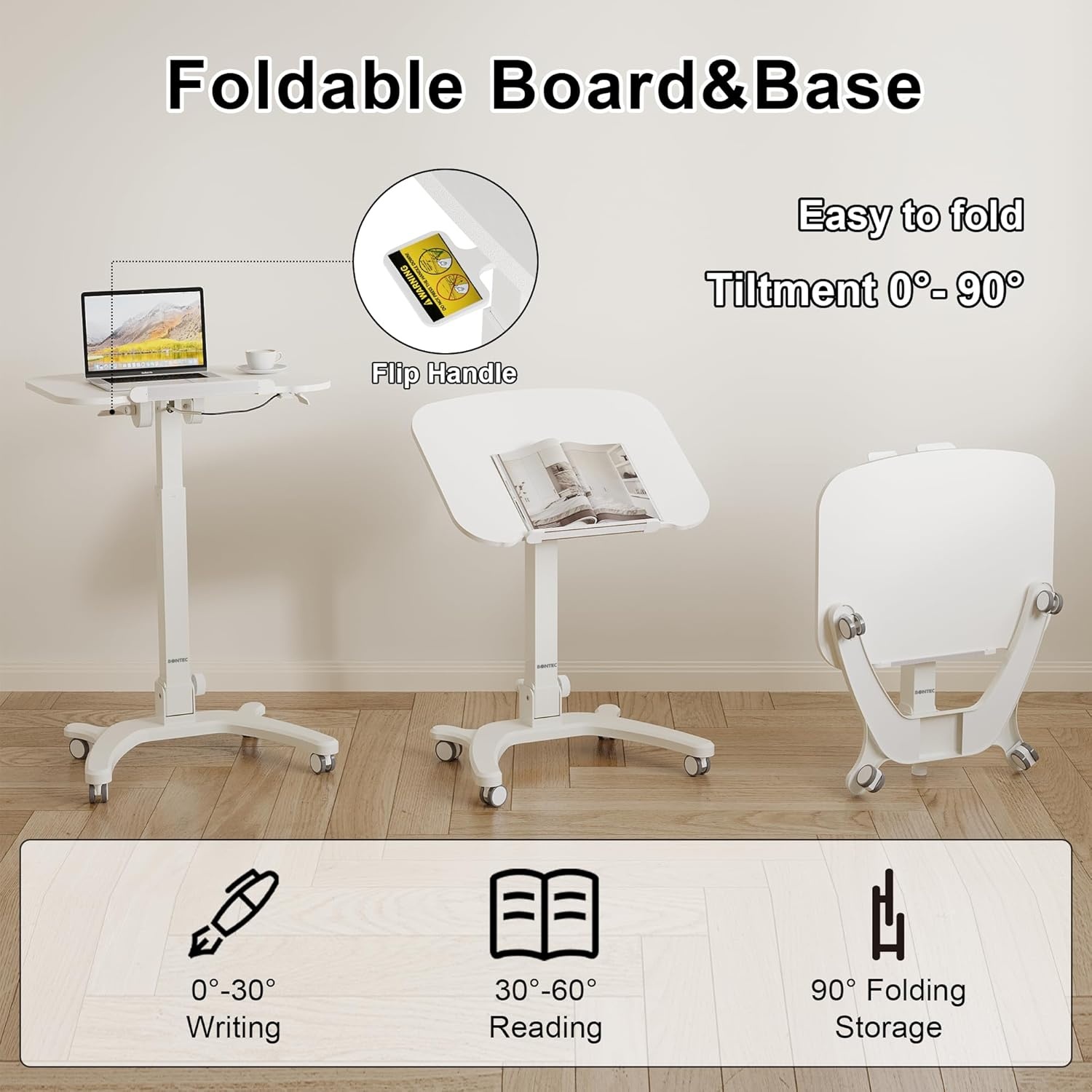 image:imageBONTEC Mobile Foldable Standing Desk Portable Adjustable Height Desk with Gas Spring Small Rolling Laptop Desk with Wheels for Home Office Bedroom and Medical Use 256 x 197 Desktop WhiteWhite