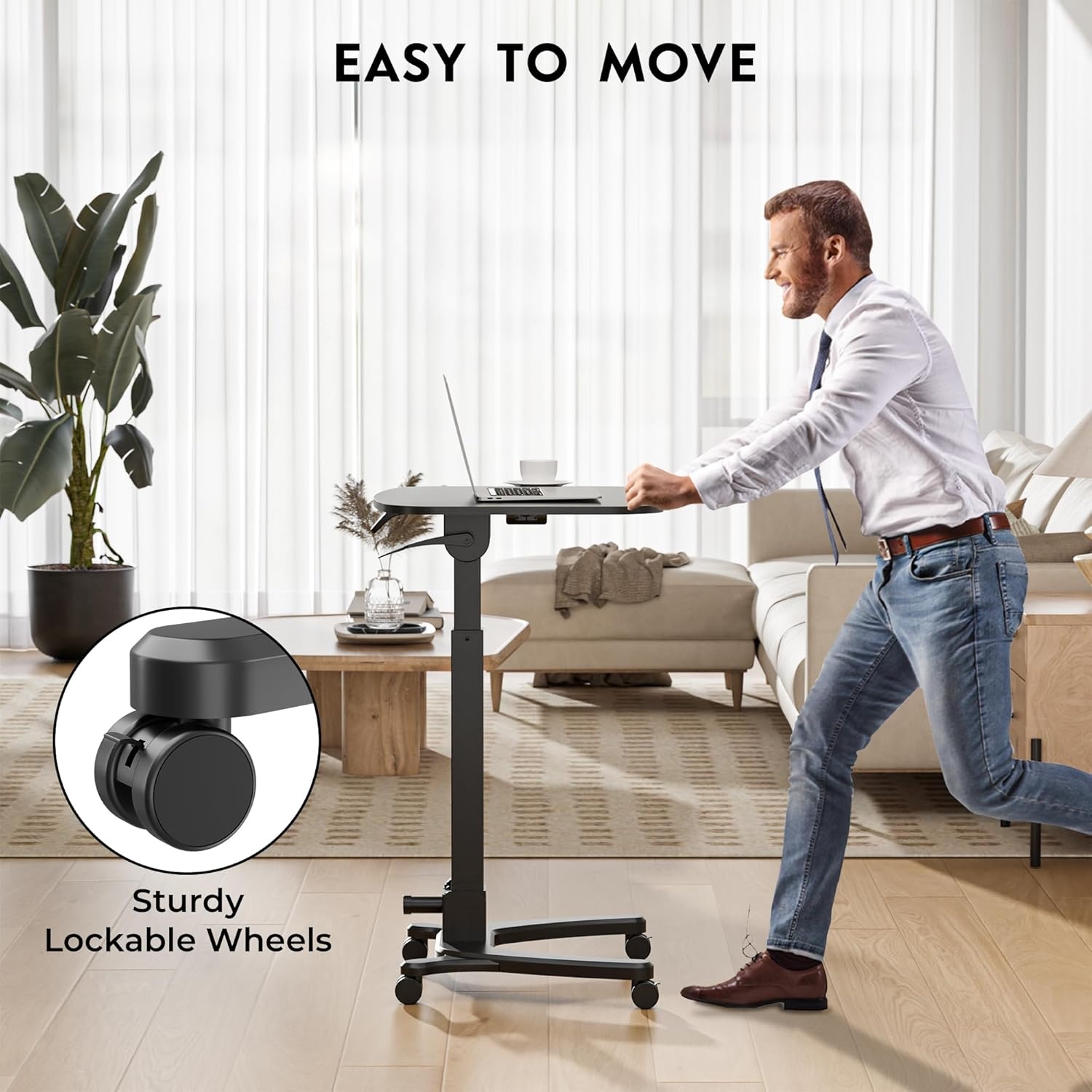 image:imageBONTEC Mobile Foldable Standing Desk Portable Adjustable Height Desk with Gas Spring Small Rolling Laptop Desk with Wheels for Home Office Bedroom and Medical Use 256 x 197 Desktop WhiteBlack