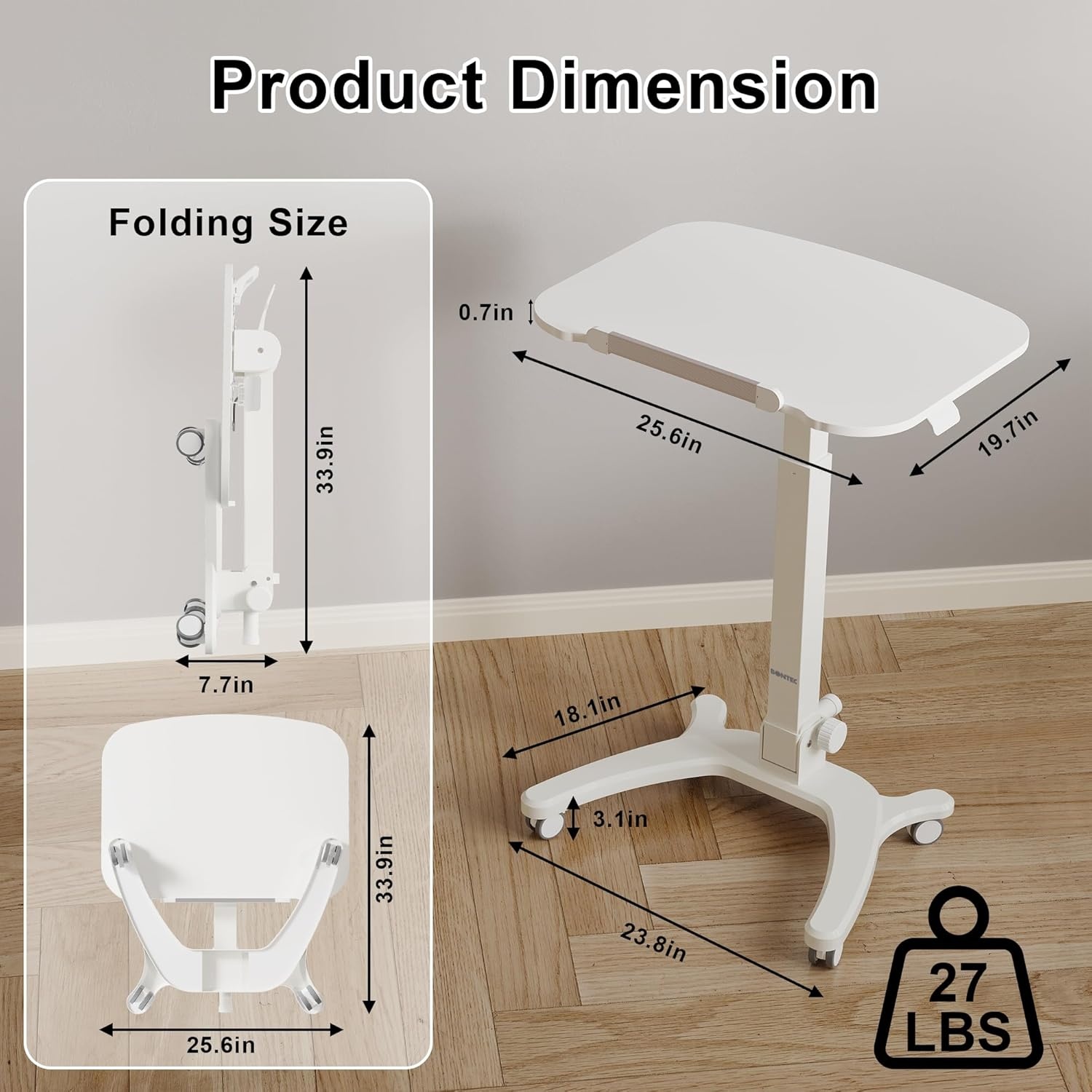 image:imageBONTEC Mobile Foldable Standing Desk Portable Adjustable Height Desk with Gas Spring Small Rolling Laptop Desk with Wheels for Home Office Bedroom and Medical Use 256 x 197 Desktop WhiteWhite