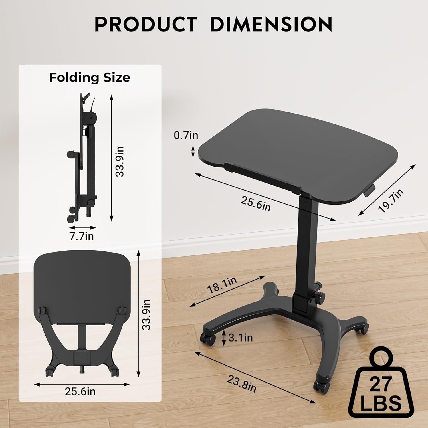 image:imageBONTEC Mobile Foldable Standing Desk Portable Adjustable Height Desk with Gas Spring Small Rolling Laptop Desk with Wheels for Home Office Bedroom and Medical Use 256 x 197 Desktop WhiteBlack