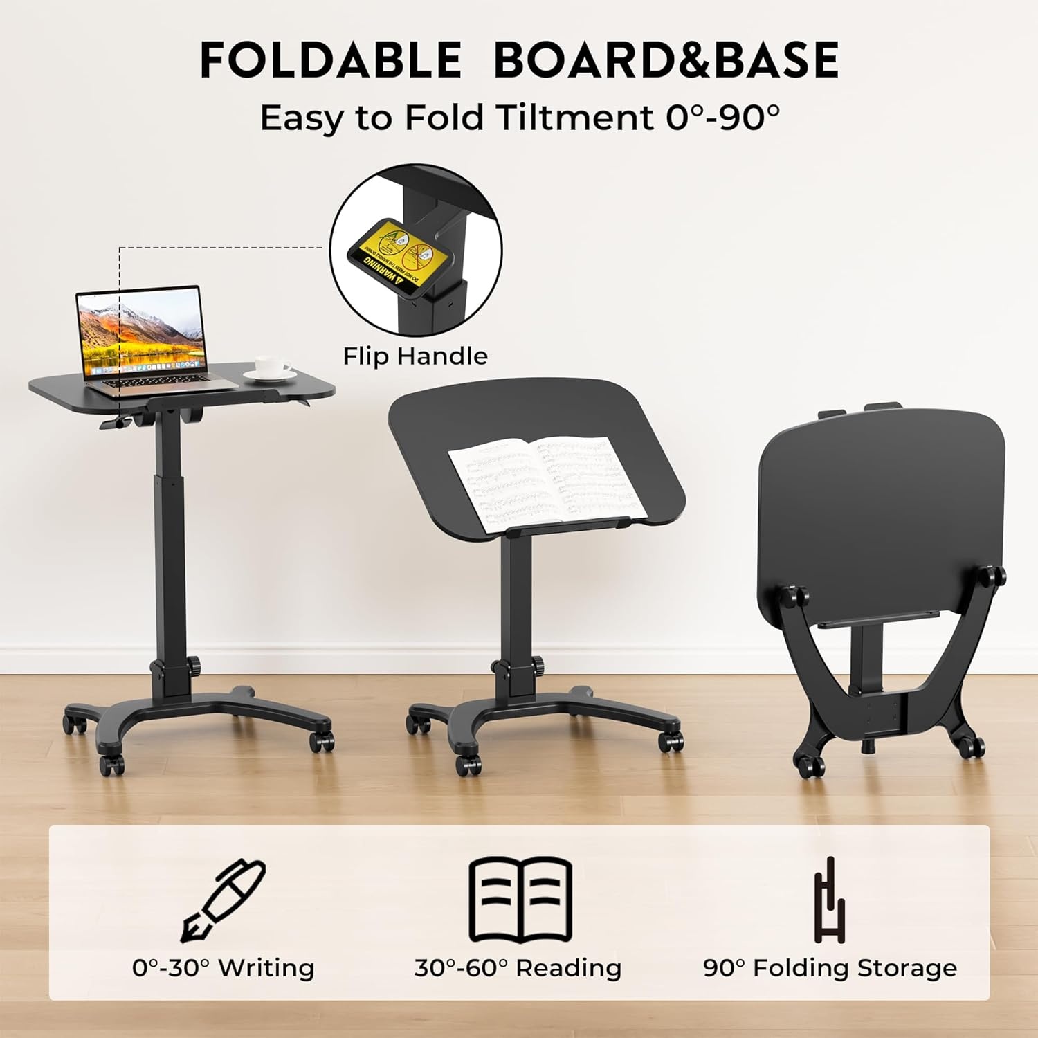 image:imageBONTEC Mobile Foldable Standing Desk Portable Adjustable Height Desk with Gas Spring Small Rolling Laptop Desk with Wheels for Home Office Bedroom and Medical Use 256 x 197 Desktop WhiteBlack