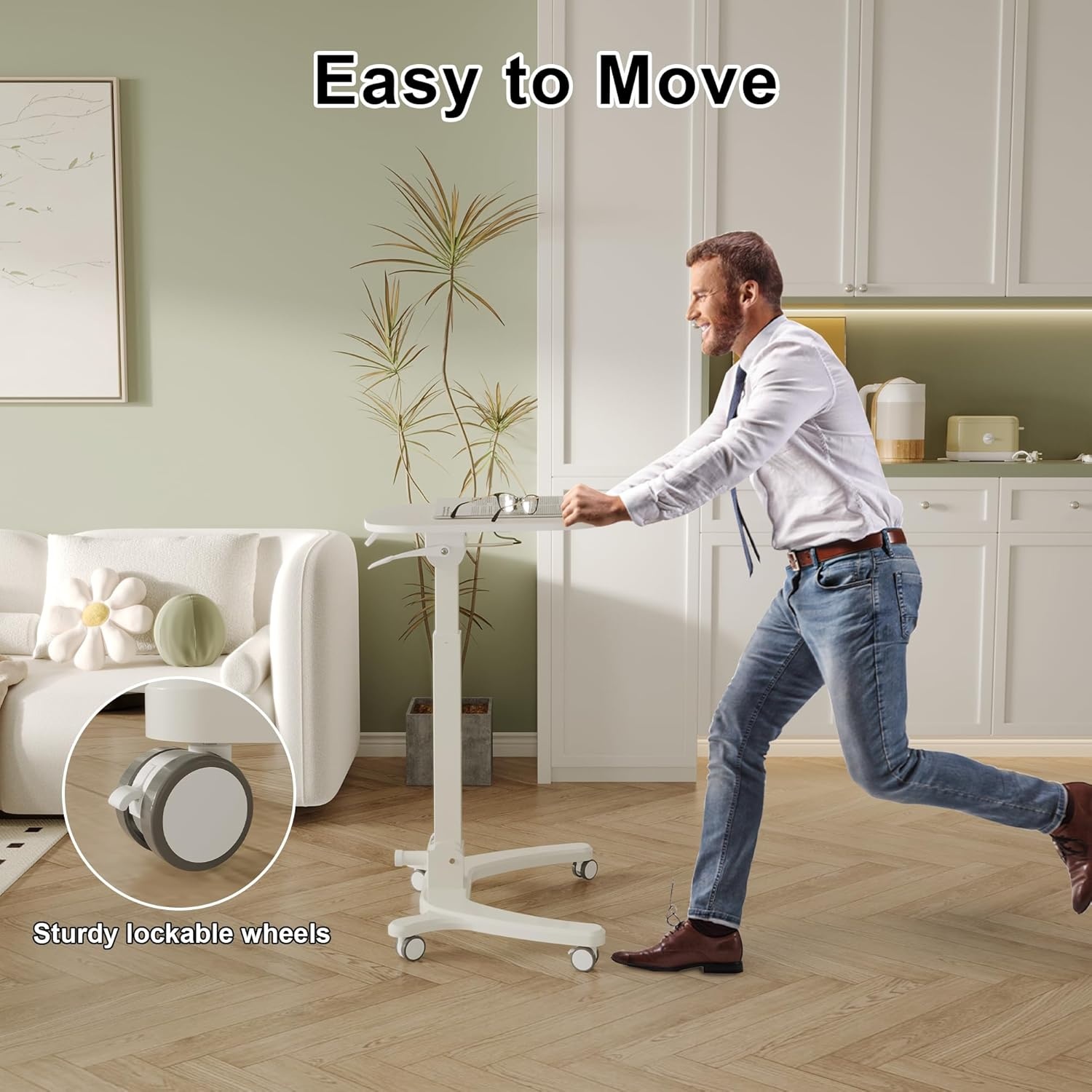 image:imageBONTEC Mobile Foldable Standing Desk Portable Adjustable Height Desk with Gas Spring Small Rolling Laptop Desk with Wheels for Home Office Bedroom and Medical Use 256 x 197 Desktop WhiteWhite