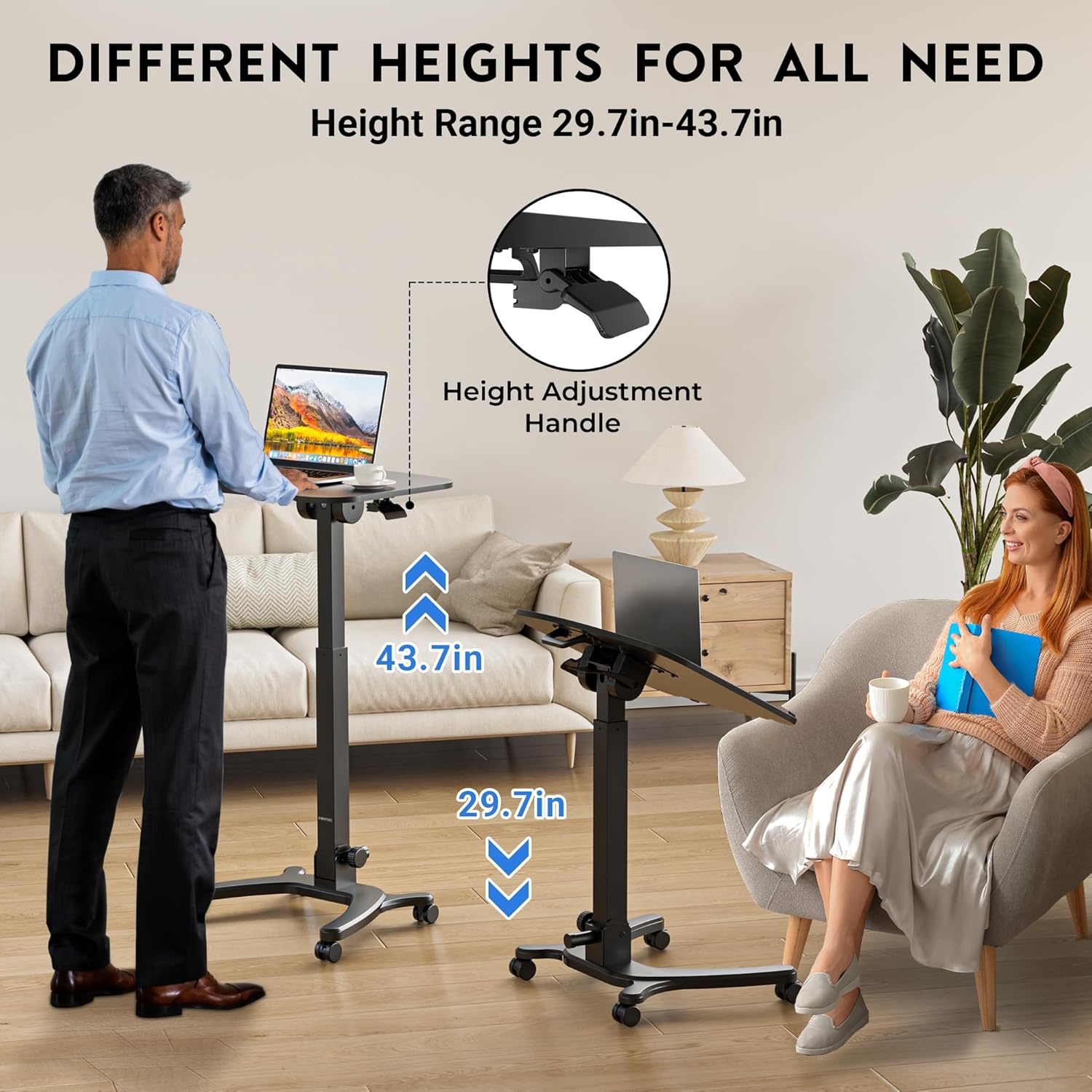 image:imageBONTEC Mobile Foldable Standing Desk Portable Adjustable Height Desk with Gas Spring Small Rolling Laptop Desk with Wheels for Home Office Bedroom and Medical Use 256 x 197 Desktop WhiteBlack