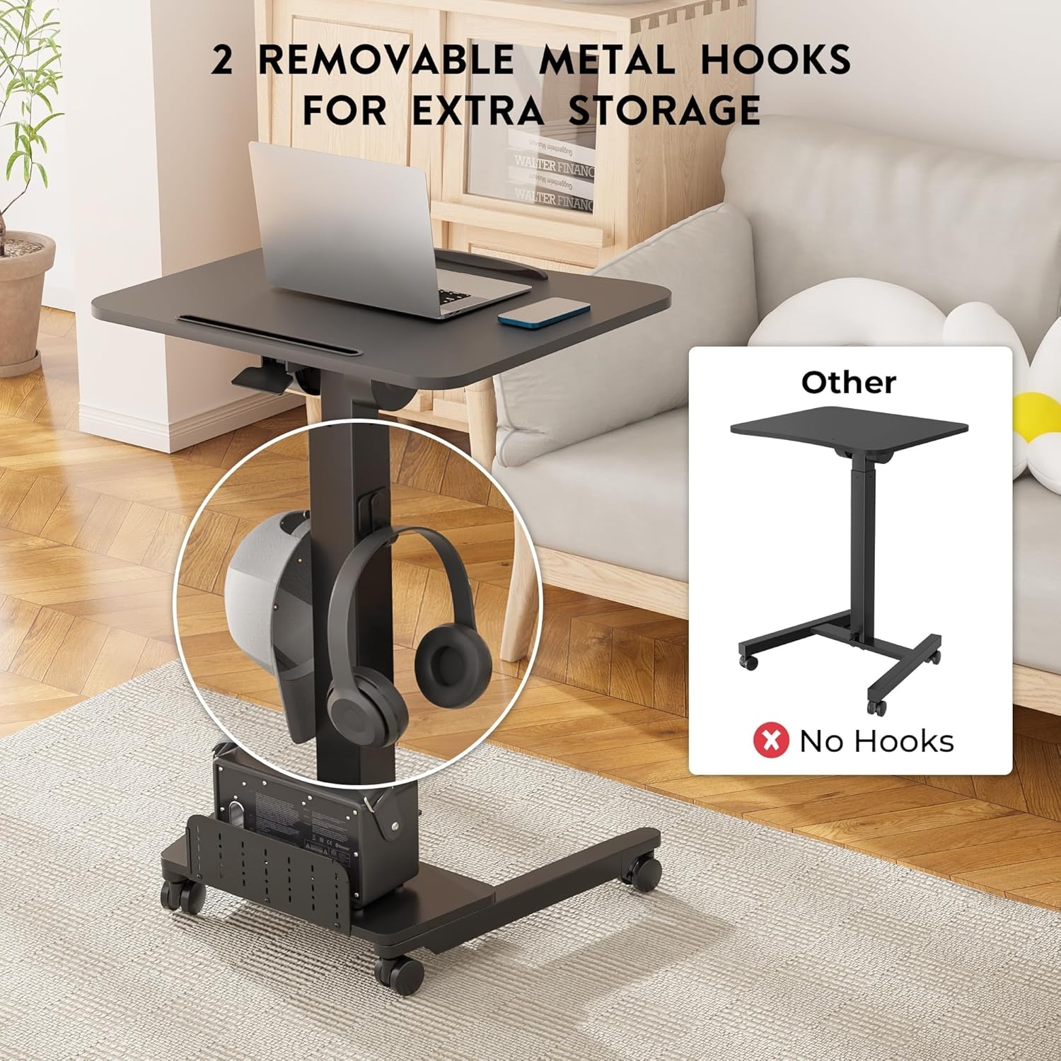 image:imageBONTEC Mobile Standing Desk Adjustable Height Rolling Laptop Cart with Hook Portable Workstation with Pneumatic Lift Ergonomic Table with Wheels Compact Home Office Desk Black 256 x 177Black
