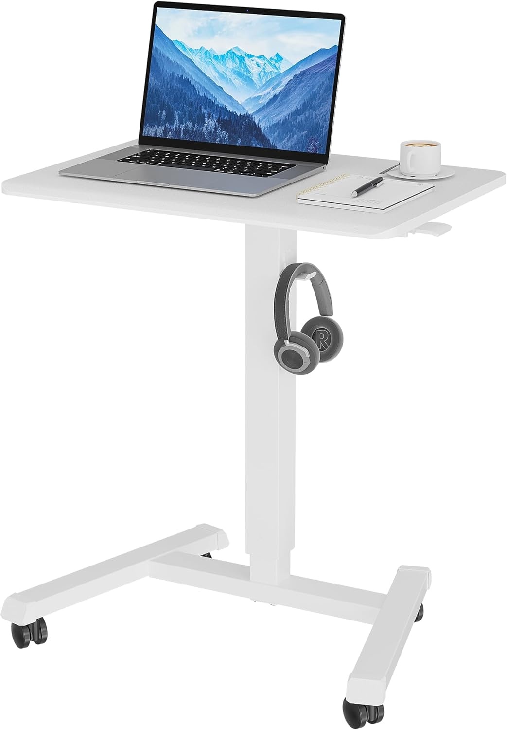 image:imageBONTEC Mobile Standing Desk Adjustable Height Rolling Laptop Cart with Hook Portable Workstation with Pneumatic Lift Ergonomic Table with Wheels Compact Home Office Desk Black 256 x 177White