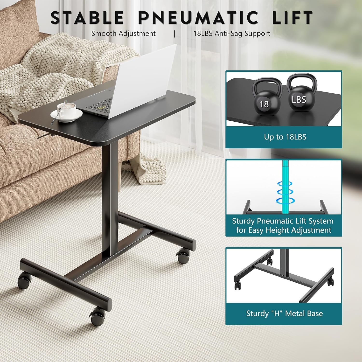 image:imageBONTEC Mobile Standing Desk Adjustable Height Rolling Laptop Cart with Hook Portable Workstation with Pneumatic Lift Ergonomic Table with Wheels Compact Home Office Desk Black 256 x 177Black