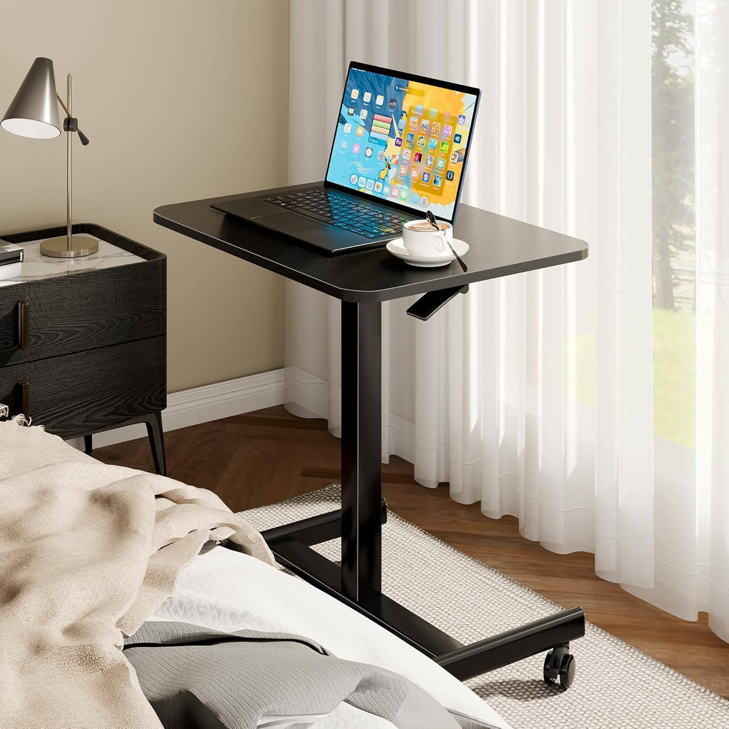 image:imageBONTEC Mobile Standing Desk Adjustable Height Rolling Laptop Cart with Hook Portable Workstation with Pneumatic Lift Ergonomic Table with Wheels Compact Home Office Desk Black 256 x 177Black
