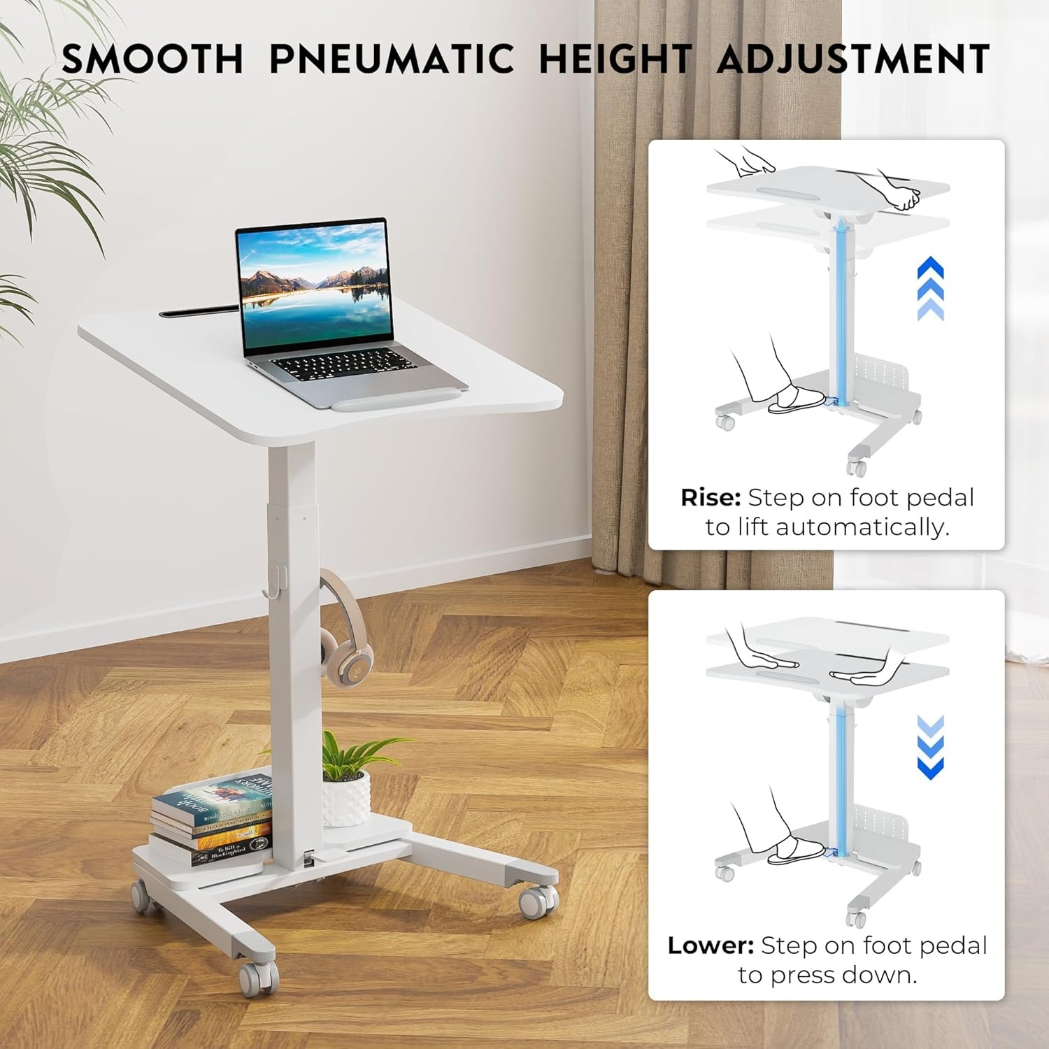 image:imageBONTEC Mobile Standing Desk Adjustable Height Rolling Laptop Cart with Hook Portable Workstation with Pneumatic Lift Ergonomic Table with Wheels Compact Home Office Desk Black 256 x 177White