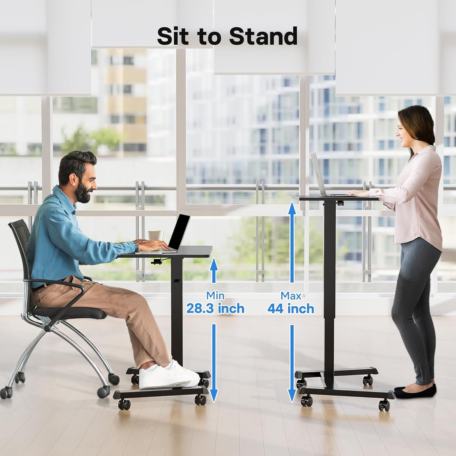 image:imageBONTEC Mobile Standing Desk Adjustable Height Rolling Laptop Cart with Hook Portable Workstation with Pneumatic Lift Ergonomic Table with Wheels Compact Home Office Desk Black 256 x 177Black