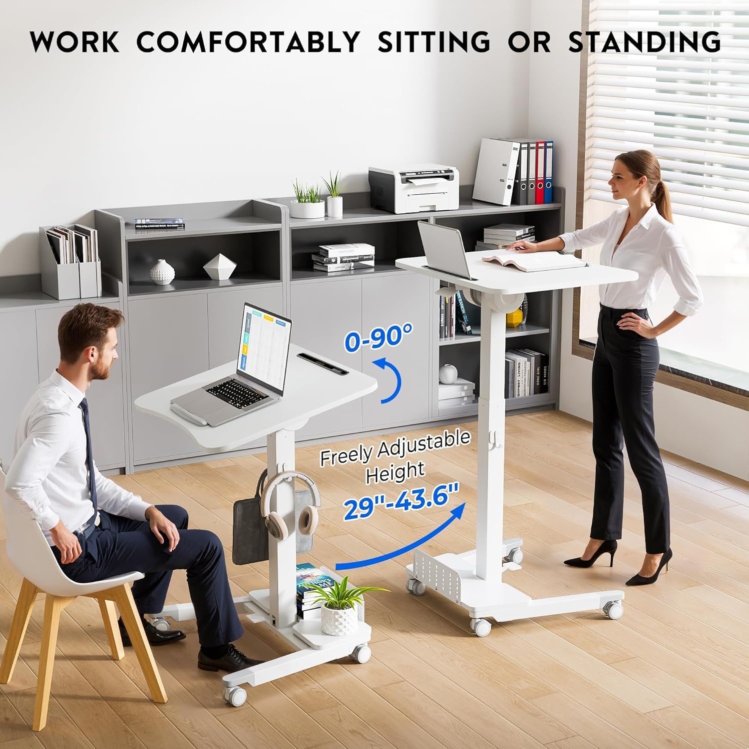 image:imageBONTEC Mobile Standing Desk Adjustable Height Rolling Laptop Cart with Hook Portable Workstation with Pneumatic Lift Ergonomic Table with Wheels Compact Home Office Desk Black 256 x 177White