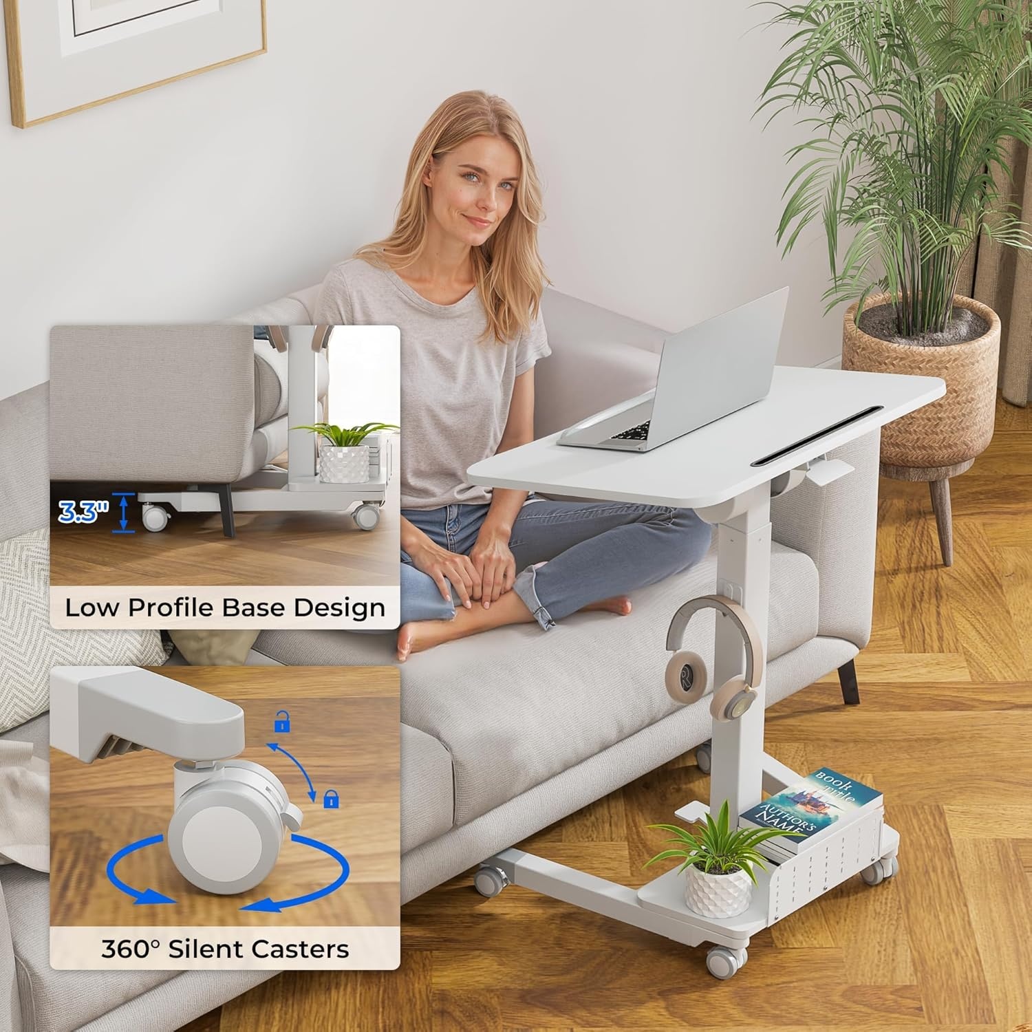 image:imageBONTEC Mobile Standing Desk Adjustable Height Rolling Laptop Cart with Hook Portable Workstation with Pneumatic Lift Ergonomic Table with Wheels Compact Home Office Desk Black 256 x 177White