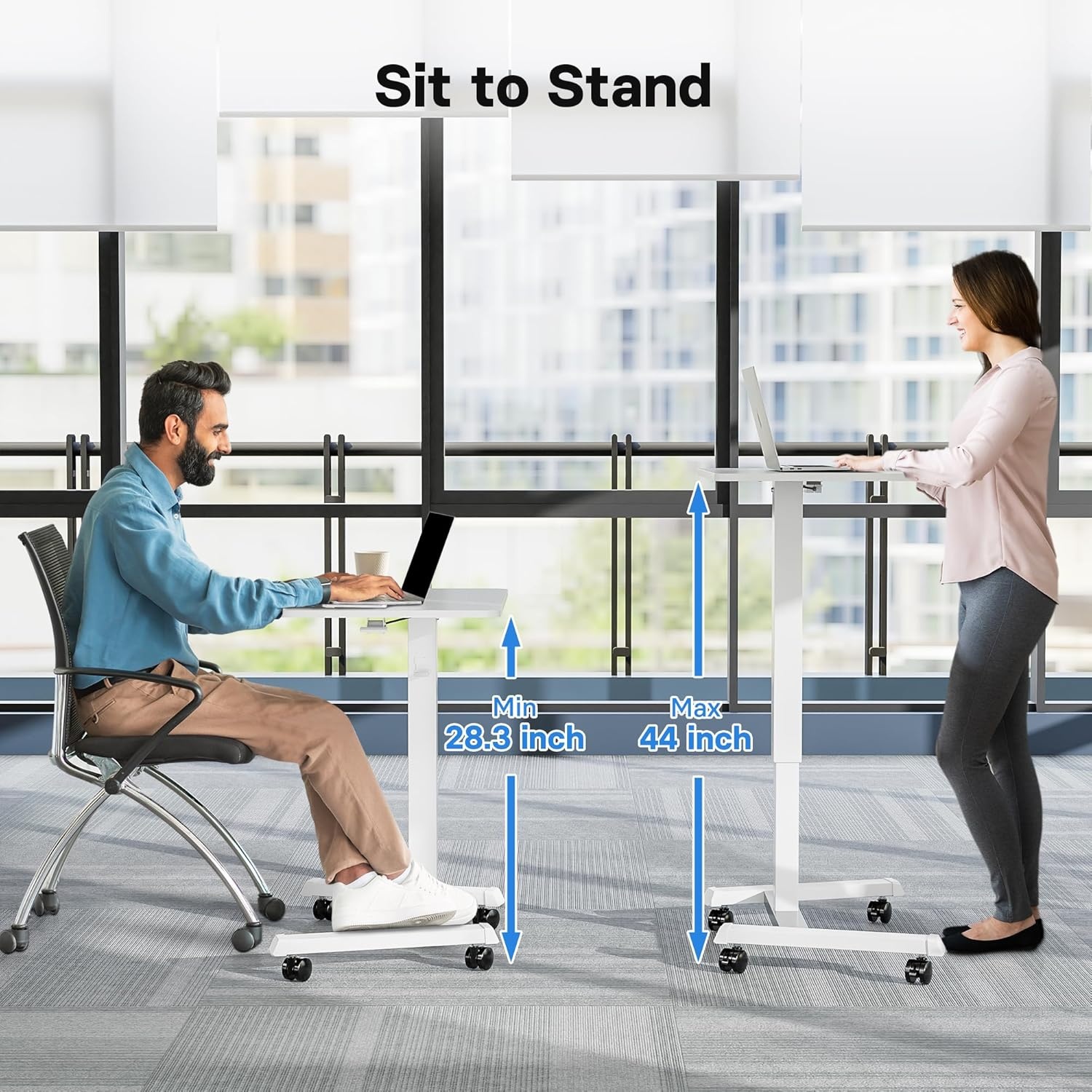 image:imageBONTEC Mobile Standing Desk Adjustable Height Rolling Laptop Cart with Hook Portable Workstation with Pneumatic Lift Ergonomic Table with Wheels Compact Home Office Desk Black 256 x 177White