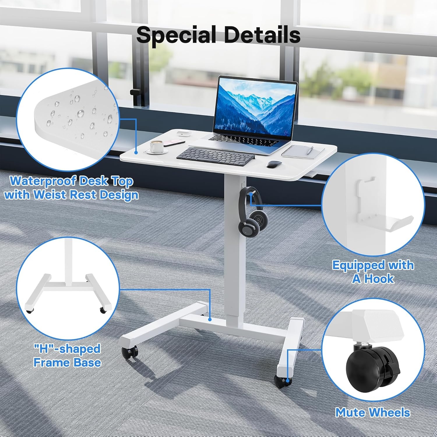 image:imageBONTEC Mobile Standing Desk Adjustable Height Rolling Laptop Cart with Hook Portable Workstation with Pneumatic Lift Ergonomic Table with Wheels Compact Home Office Desk Black 256 x 177White