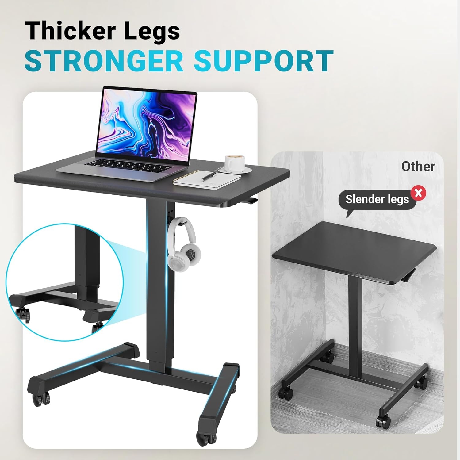 image:imageBONTEC Mobile Standing Desk Adjustable Height Rolling Laptop Cart with Hook Portable Workstation with Pneumatic Lift Ergonomic Table with Wheels Compact Home Office Desk Black 256 x 177Black