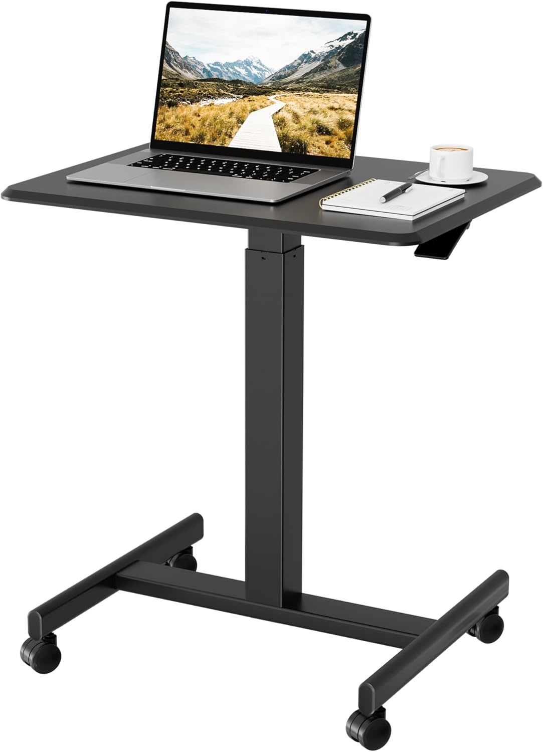 image:imageBONTEC Mobile Standing Desk Adjustable Height Rolling Laptop Cart with Hook Portable Workstation with Pneumatic Lift Ergonomic Table with Wheels Compact Home Office Desk Black 256 x 177Black