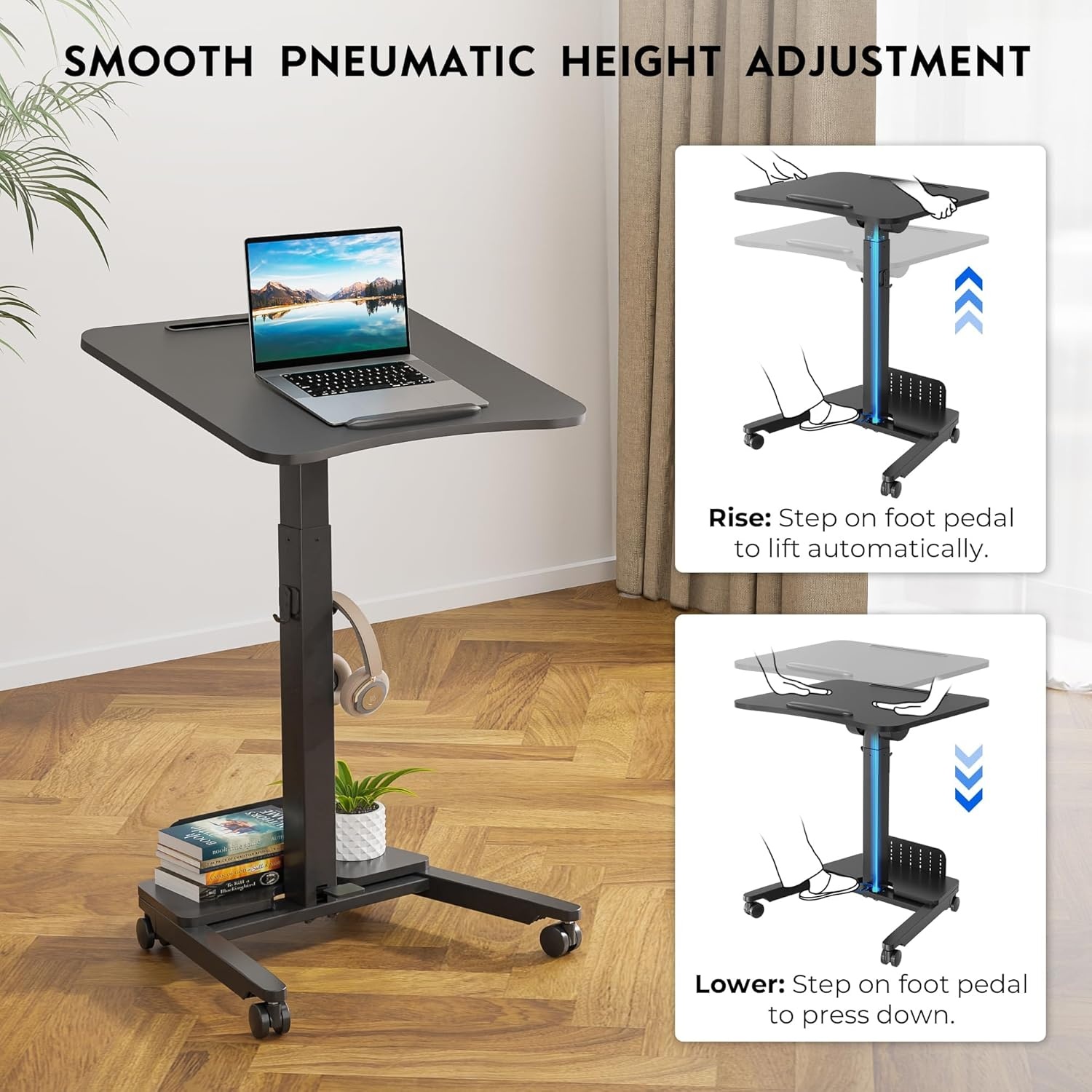 image:imageBONTEC Mobile Standing Desk Adjustable Height Rolling Laptop Cart with Hook Portable Workstation with Pneumatic Lift Ergonomic Table with Wheels Compact Home Office Desk Black 256 x 177Black