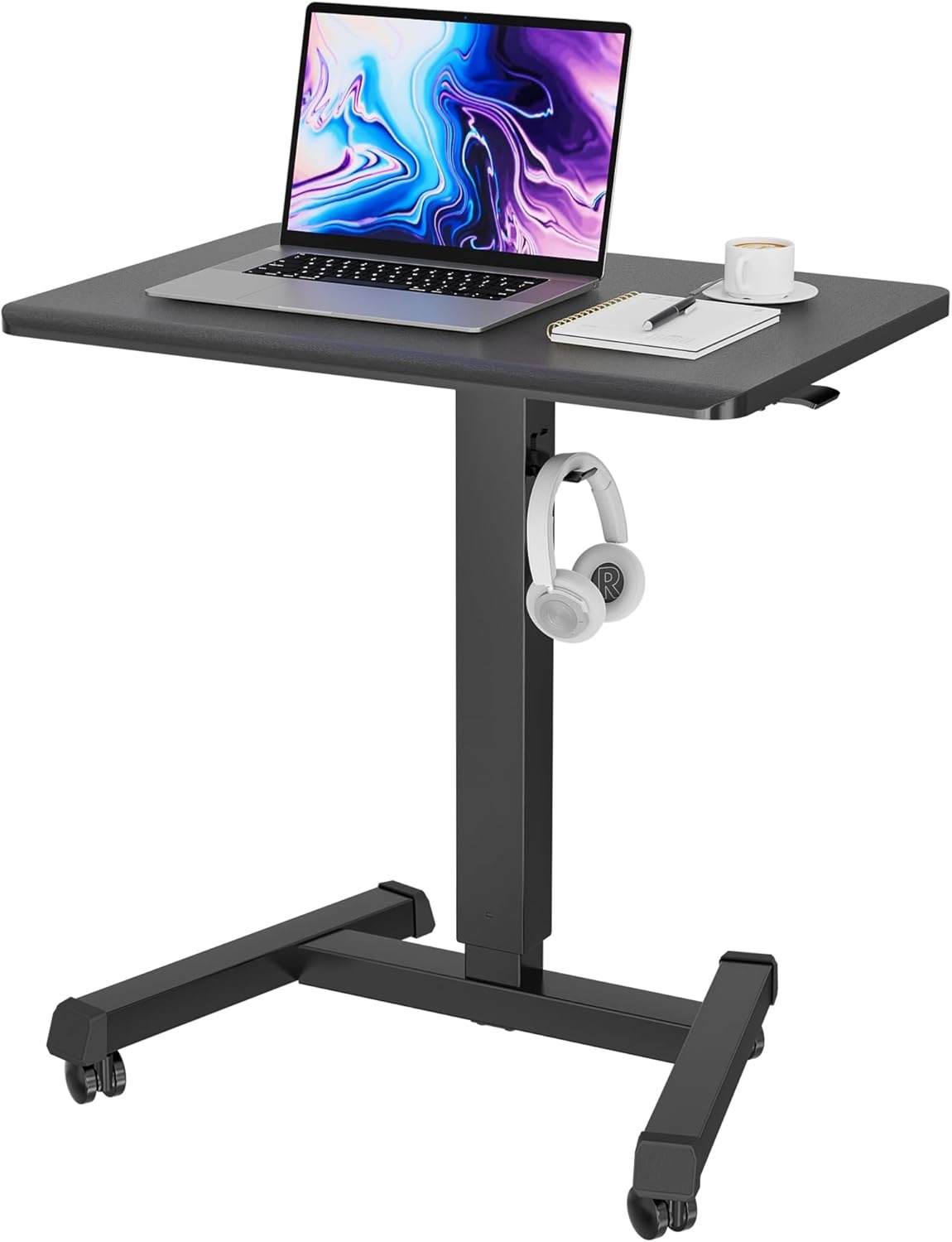 image:imageBONTEC Mobile Standing Desk Adjustable Height Rolling Laptop Cart with Hook Portable Workstation with Pneumatic Lift Ergonomic Table with Wheels Compact Home Office Desk Black 256 x 177Black